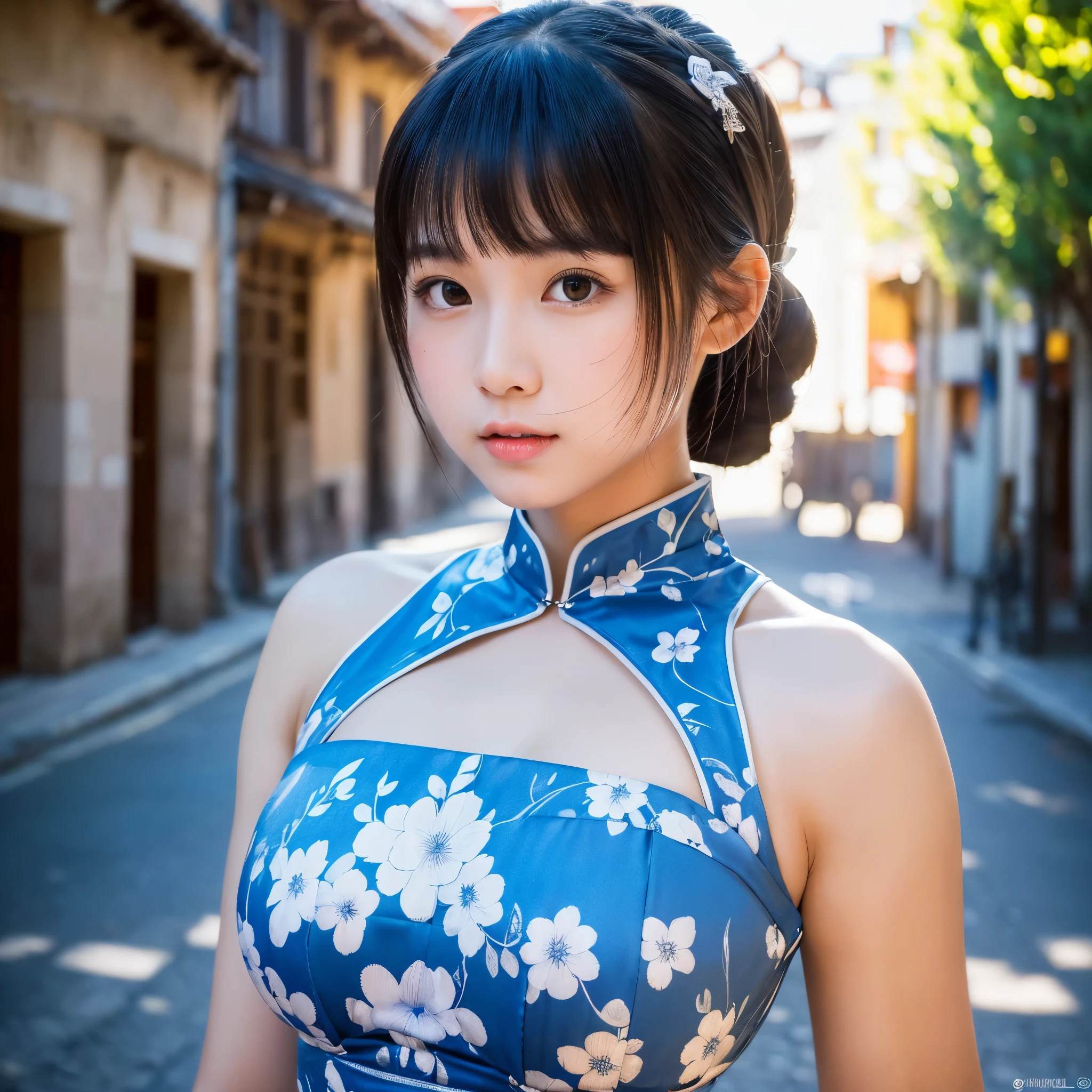  (8k, RAW photo, highest quality, masterpiece:1.3), (realistic, photo-realistic:1.4), (Highly detailed 8k wallpaper), sharp focus, Depth of written boundary, japanese idol,very cute, ,(China dress :1.3),(Hairstyle like Chun-Li from Street Fighter :1.3), Upper body, highly detailed face and eyes,((shiny skin:1.2)), cinematic lighting, soft light, blur background, (A town with historic buildings, castles, cathedrals etc.)