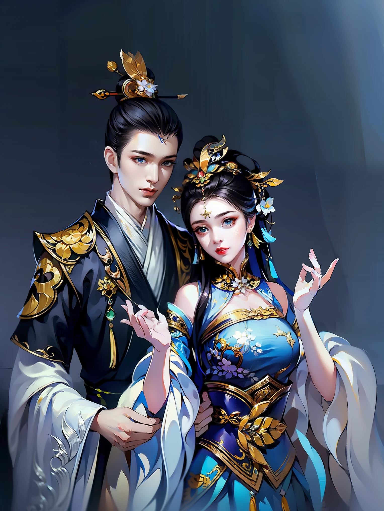 （masterpiece，super detailed，HD details，highly detailed art）1 male and 1 female，couple, Half body，Xianxia，blue clothing，gorgeous costumes，elegant，Highly detailed character designs from East Asia，Game character costume design，ultra high resolution, sharp focus, epic work, masterpiece, (Very detailed CG unified 8k wallpaper)，pretty face，beautiful eyes，HD details