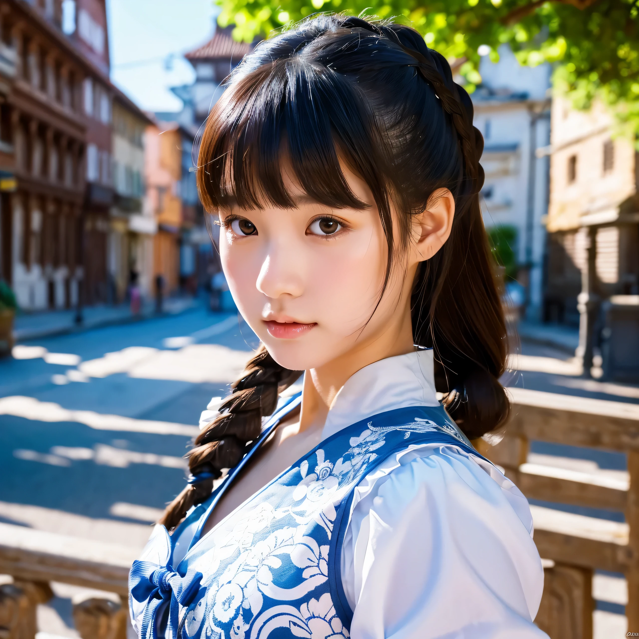  (8k, RAW photo, highest quality, masterpiece:1.3), (realistic, photo-realistic:1.4), (Highly detailed 8k wallpaper), sharp focus, Depth of written boundary, japanese idol,very cute, baby face,(China dress :1.3),(Hairstyle like Chun-Li from Street Fighter :1.3), Upper body, highly detailed face and eyes,((shiny skin:1.2)), cinematic lighting, soft light, blur background, (A town with historic buildings, city, cathedral etc..)