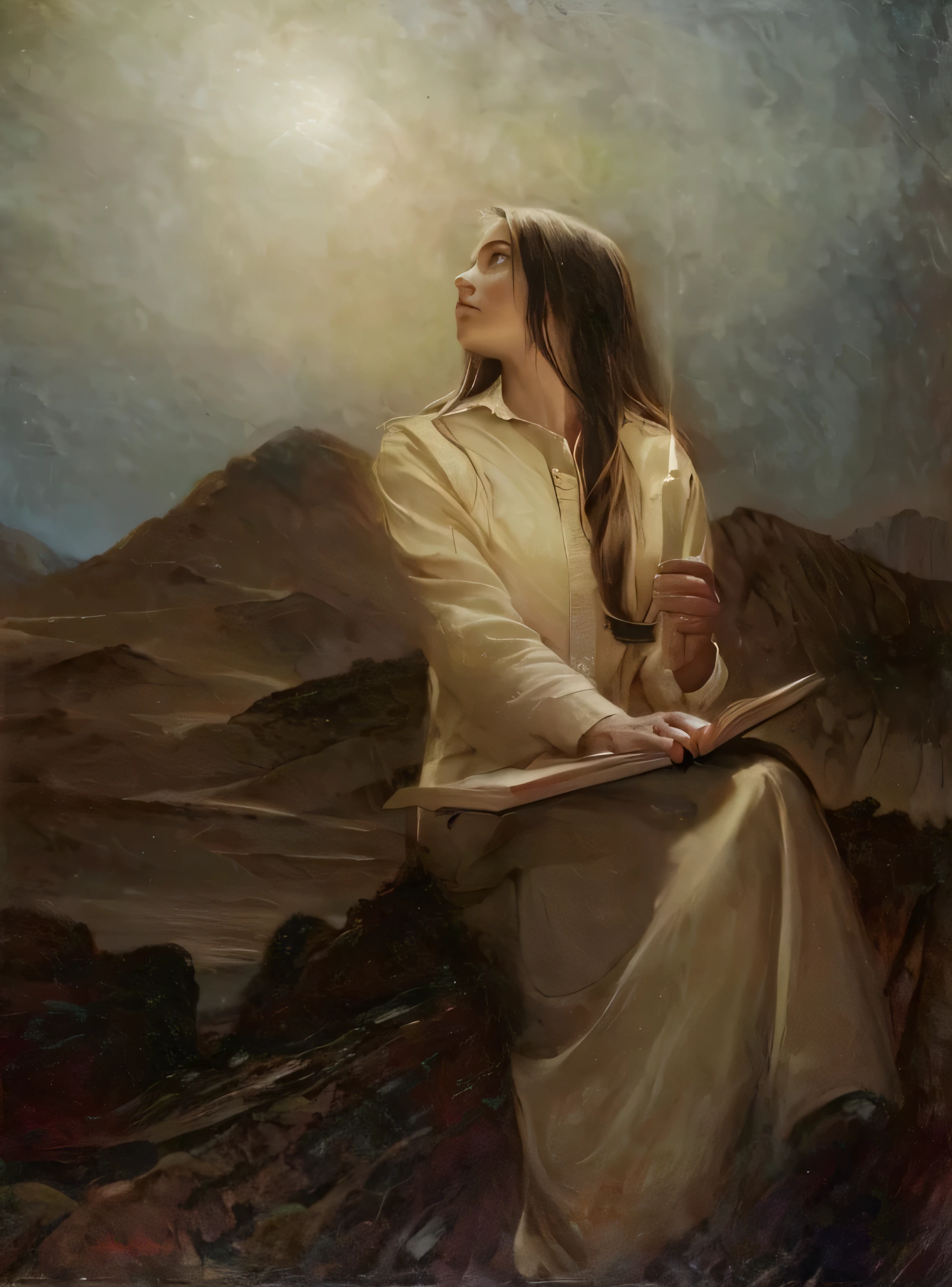woman is looking over her shoulder towards the light, she is holding the bible