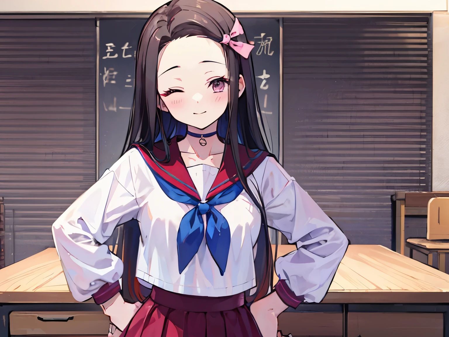 Nezuko Kamado, 1girl, ;\), blush, breasts, choker, closed mouth, collarbone, desk, hand on hip, holding phone, long hair, long sleeves, one eye closed, pleated skirt, sailor collar, high quality, best quality, masterpiece, best rendering, animated by Kyoto Animation, animated by ufotable, animated by A-1 Pictures