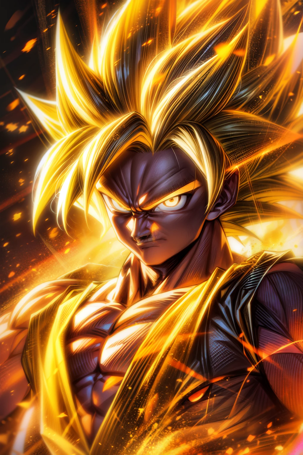 son goku, Super Sayan surrounded by golden Aura, lightning, big muscles charging up power, 4k, yellow Hair, yellow Pupils, high details, epic, cinematic