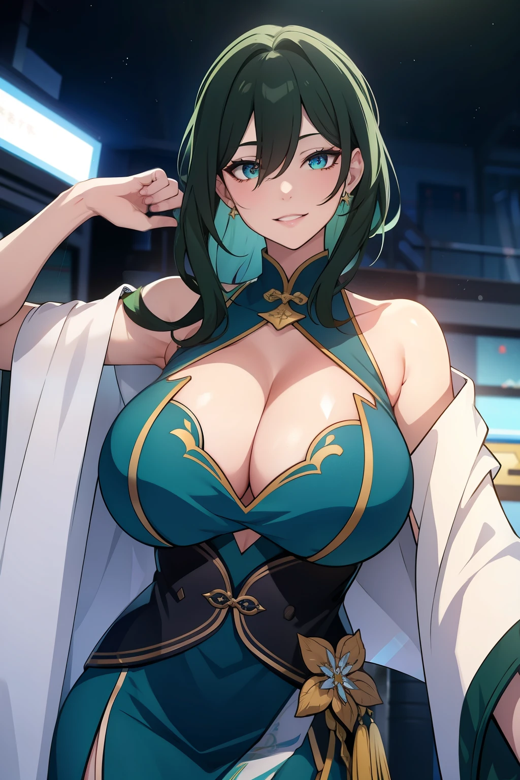 An anime-style artwork depicting ruan mei from the game Honkai star rail.

Tags: ruan mei, anime, detailed eyes, detailed lips, green hair, dress, smiling expression, intense gaze, glowing emblem on hand, dynamic pose, mystical background, vibrant colors, digital art, high-resolution, professional quality, gigantic breasts, cleavage, huge tits.