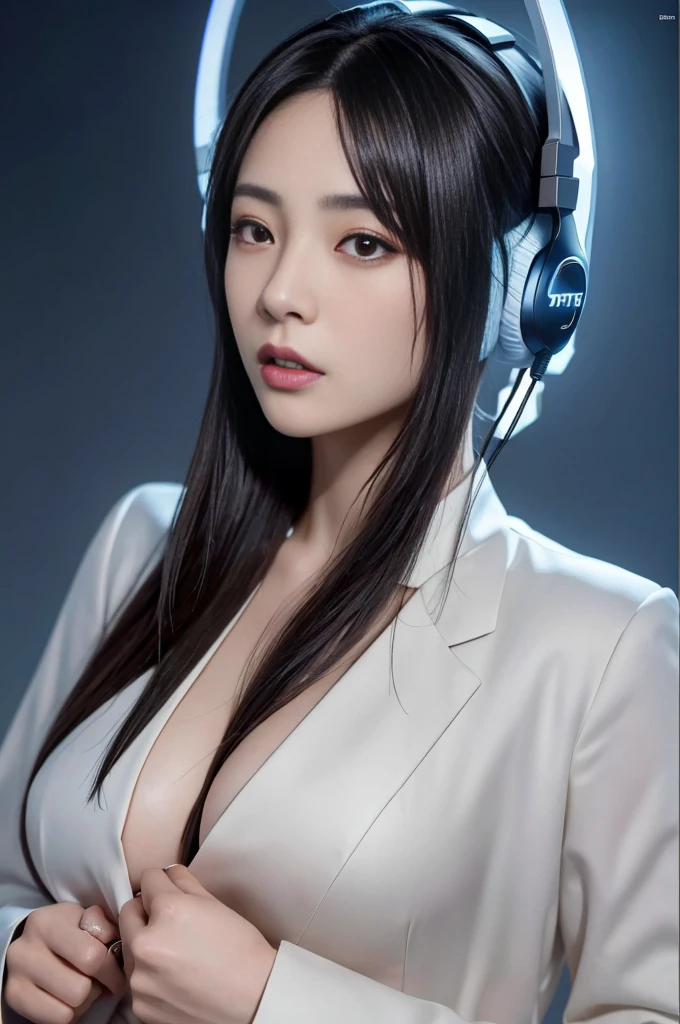 masterpiece, 1 beautiful girl, Detailed eye, Swollen eyes, top-quality, 超A high resolution, (reality: 1.4), movie lighting, japanes, a asian beauty, very extremely beautiful, Beautiful skins, A slender, Forward-facing body, (A hyper-realistic), (hight resolution), (8K), (ighly detailed), ( Best Illustration), (beautifully detailed eyes), (ultra-detailliert), Detailed face, Bright lighting, Professional Lighting、The background is a cyberpunk room with many monitors..、The cord is connected from the costume、A dark-haired、head phone、headset on head、Female Game Commentator、casual clothing