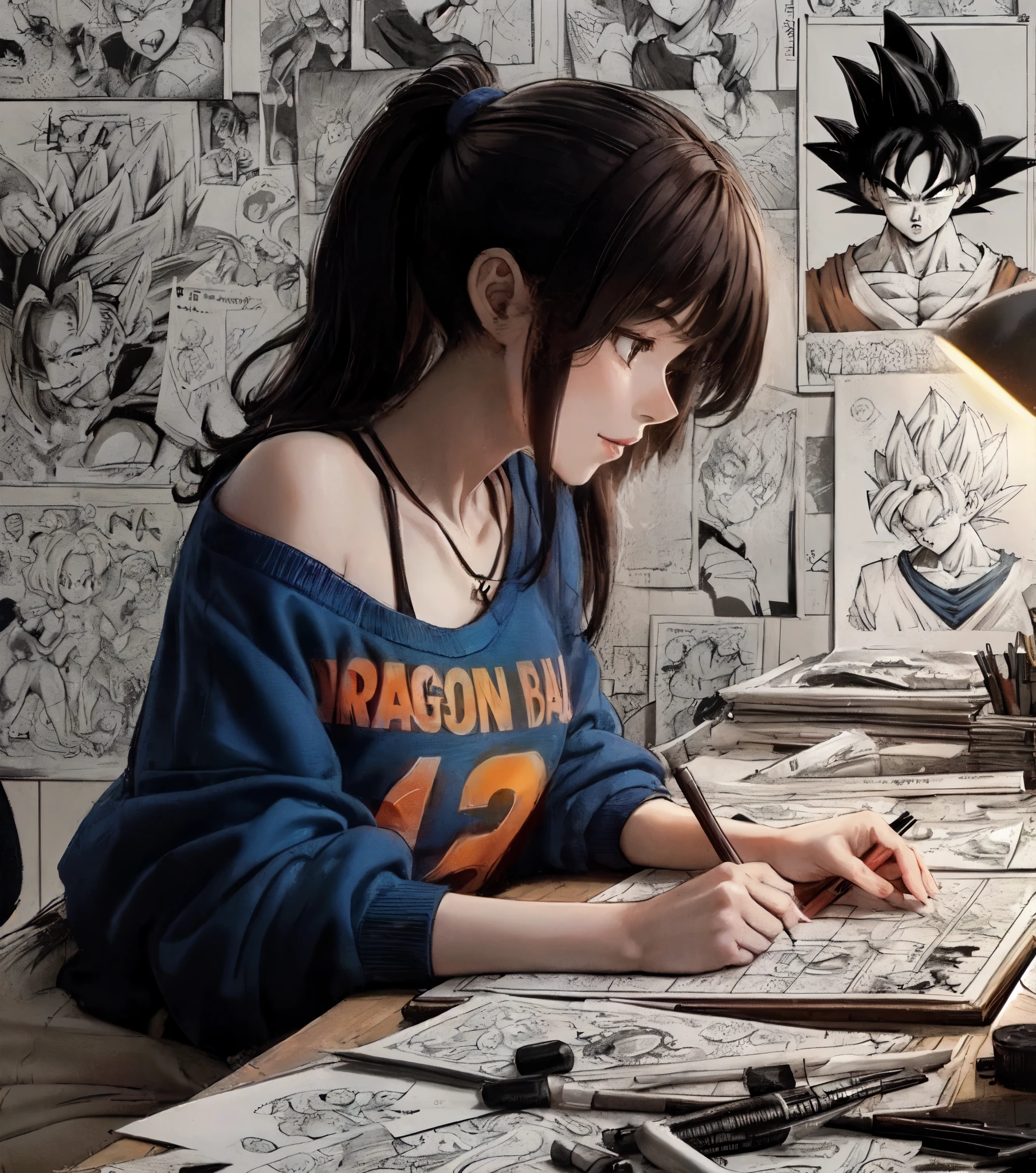 1lady solo, profile, sitting, (from side), (looking down at desk), (drawing manga), (manga artist), mature female, /(dark brown hair/), (light smile:0.6), (masterpiece best quality:1.2) delicate illustration ultra-detailed BREAK (poster of Dragon Ball:1.2) on wall, (Son Goku) BREAK (manga studio) indoors, (desk with drafts and sketches), detailed background