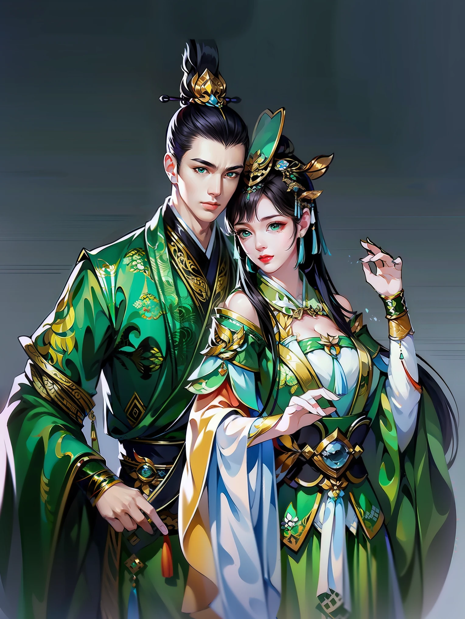 (masterpiece,super detailed,HD details,highly detailed art)1 male and 1 female,couple, Half body,Xianxia,Green clothing,gorgeous costumes,elegant,Highly detailed character designs from East Asia,Game character costume design,ultra high resolution, sharp focus, epic work, masterpiece, (Very detailed CG unified 8k wallpaper),pretty face,beautiful eyes,HD details