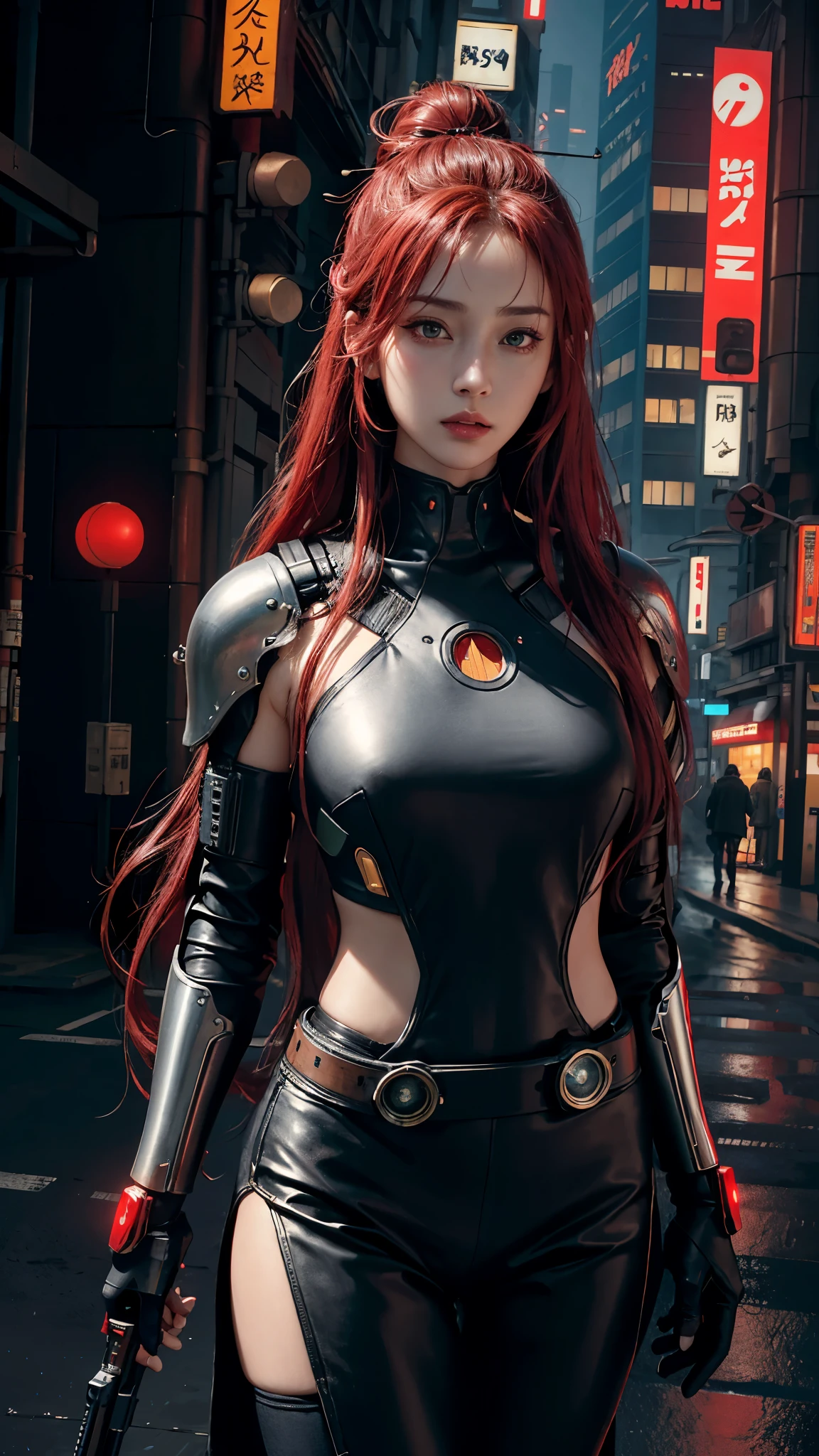 photorealistic, high resolution, soft light,1women, solo, hips up, (detailed face), red long hair, cybersamurai, cyborg, cyberpunk,  cyber armor, holding weapon,glowing,on the street , kimono , sniper looking at the target.