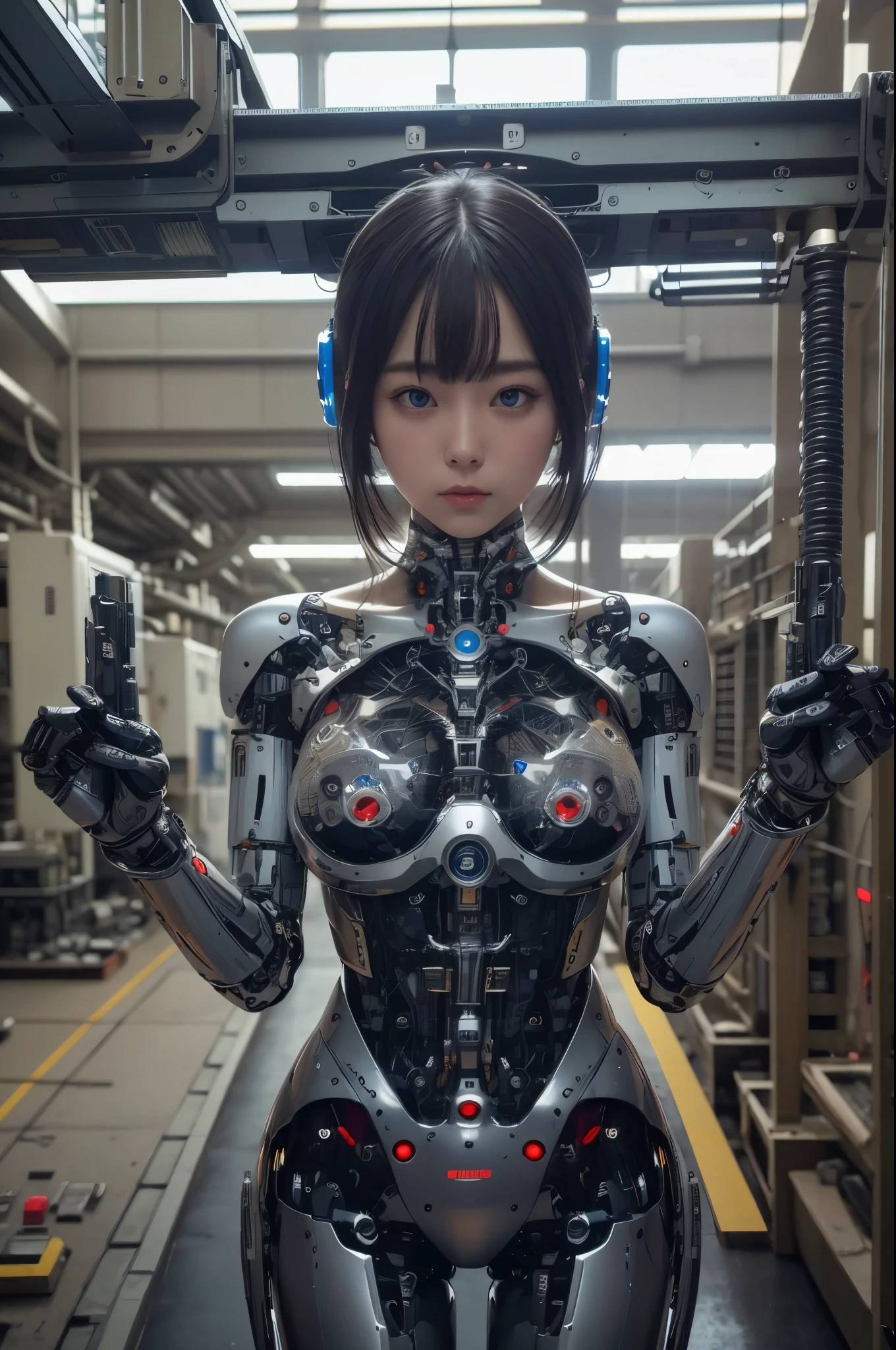 masterpiece, best quality, extremely detailed, Japaese android girl,Plump ,control panels,android,Droid,Mechanical Hand, Robot arms and legs,Blunt bangs,perfect robot girl,long tube,thick cable connected her neck,android,robot,humanoid,cyborg,japanese cyborg girl ,robot-assembly plant,She has assembled now,assembly scene,chest monitor,blue eyes