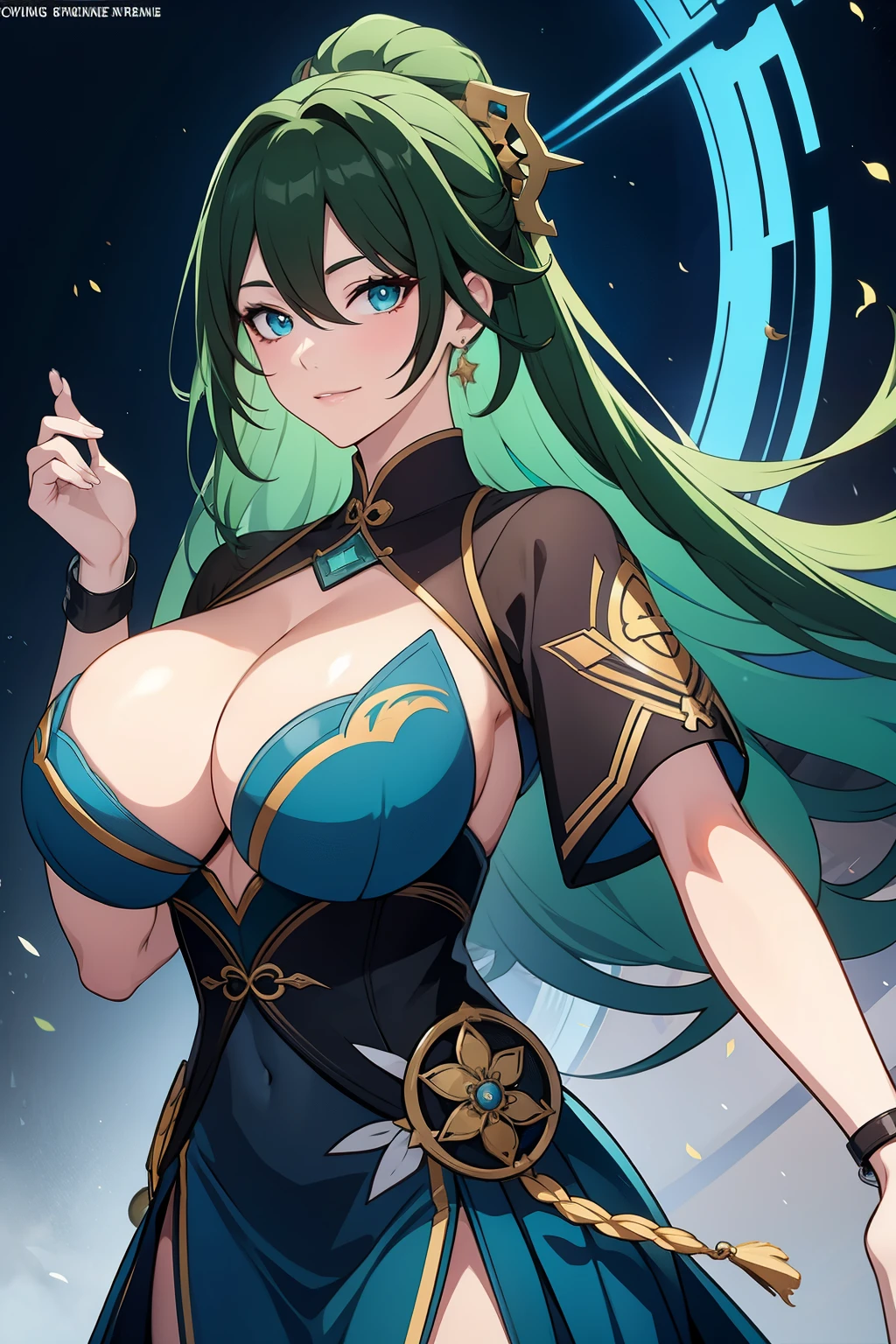 An anime-style artwork depicting ruan mei from the game Honkai star rail.

Tags: ruan mei, anime, detailed eyes, detailed lips, green hair, dress, smiling expression, intense gaze, glowing emblem on hand, dynamic pose, mystical background, vibrant colors, digital art, high-resolution, professional quality, gigantic breasts, cleavage, huge tits.