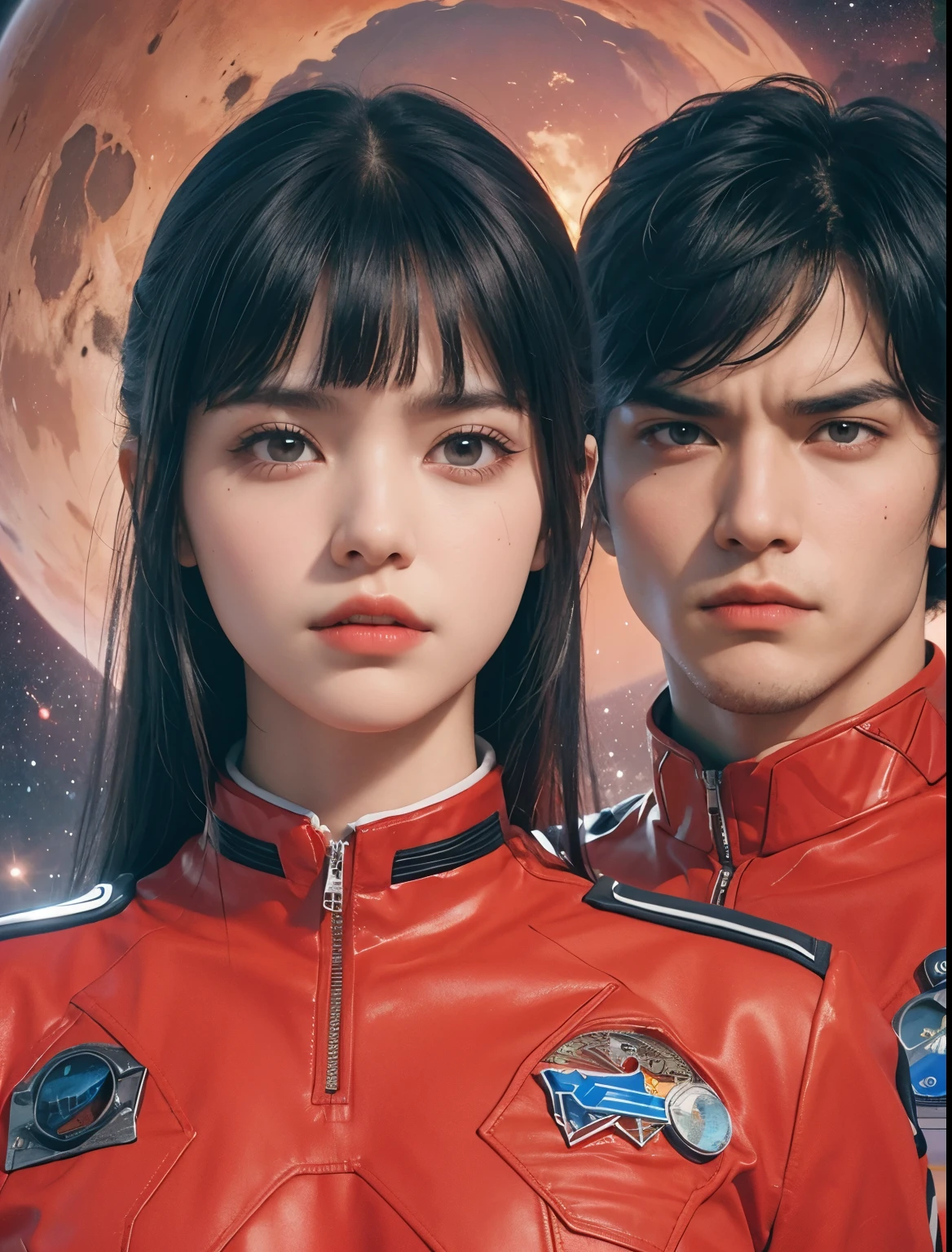 One handsome man and one beautiful woman. The two are in their early twenties. The two are looking at the camera with angry expressions. Both men are wearing red SS uniforms. Images of Mars and outer space appear in the space behind them.TThe man has his bangs down.he man has black hair and the woman has dark brown hair.