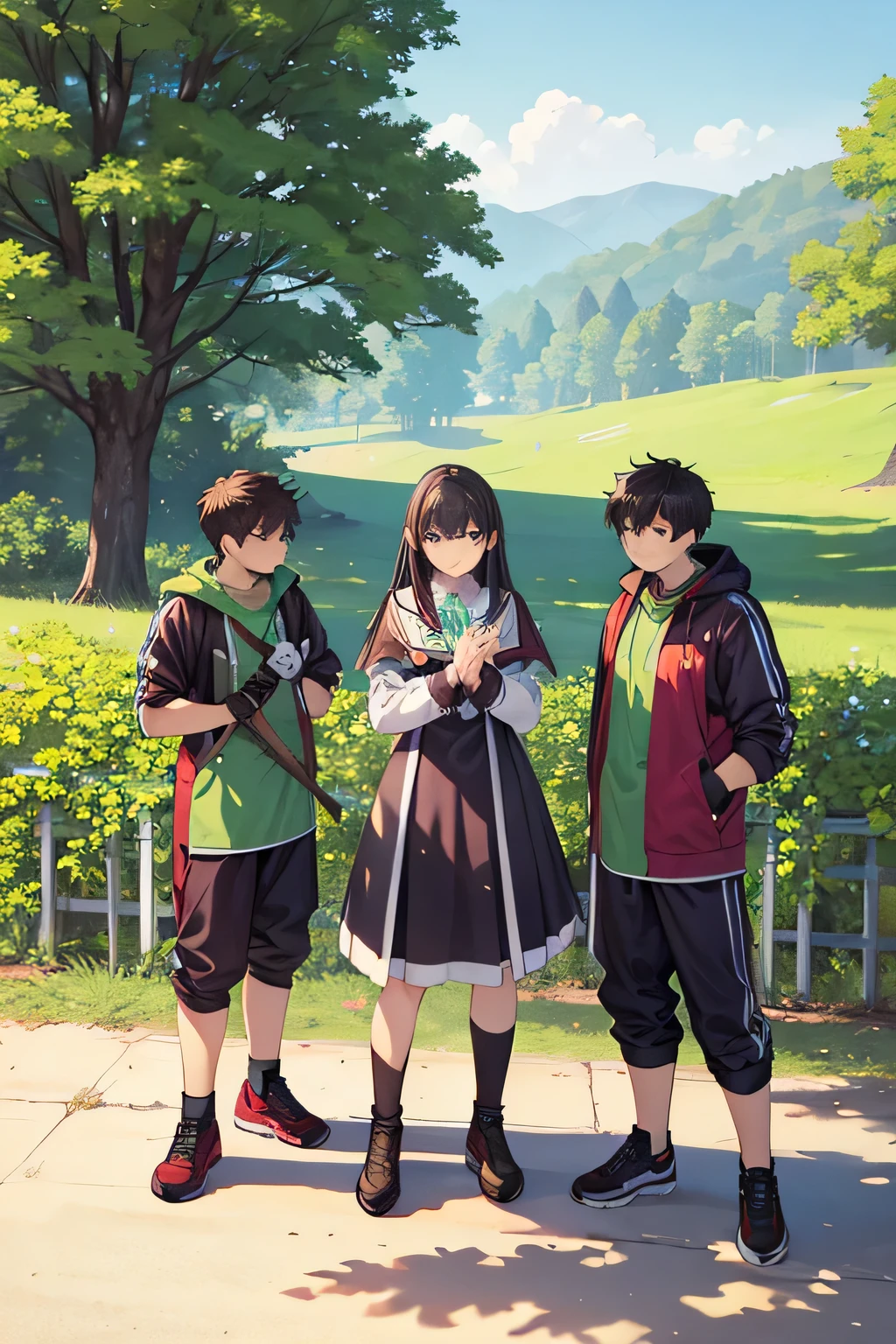 three young people in their twenties are in a green field, the bright sunny day, the view is seen from a medium distance and at a high right side angle, They are standing in an open semicircle in front of a 3/4 angle. they are looking at the ground. The first person is placed further to the left., They are crouched hugging their knees with their left hand extended. The next person in the middle is a young man., es alto y tiene la cabeza inclinada, sus hombros se hunden. y la tercera persona, a tall girl is standing next to the young man with her body slightly leaning towards him almost from the side, she is putting a hand on his shoulder and looks worried