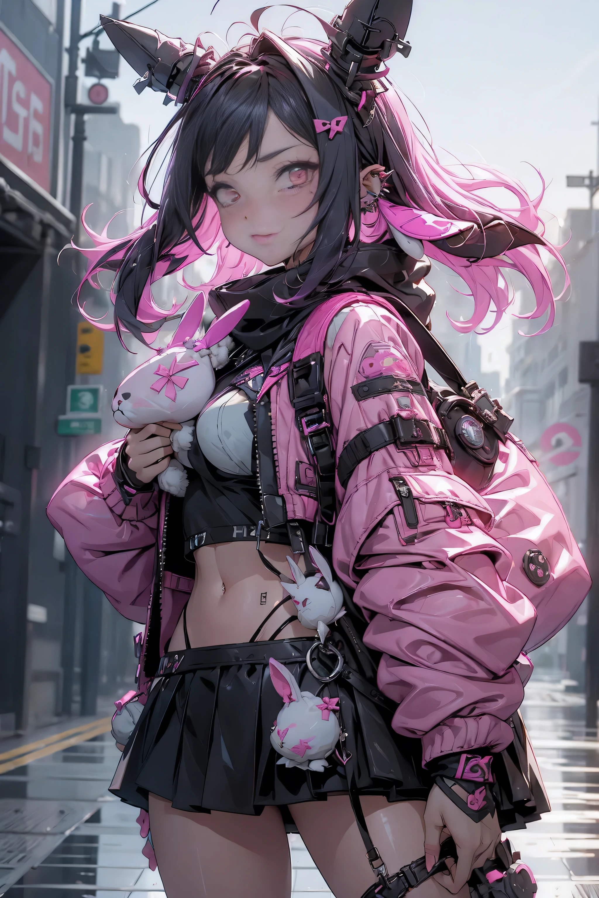 (highest quality、8k、32K、masterpiece、nffsw:1.3)、(Photoreal:1.4),((shoot from the front,looking at the viewer,full_body:1.5)),((18-year-old punk girl,quirky punk hair:1.3)),((pink and black punk fashion,flared mini skirt,micro sling bikini、clothes with studs、:1.5)),((Holding a stuffed rabbit:1.5)),(Black and pink hair:1.5),((black backpack on the back)),Wacky makeup、Desolate city in the rain,Puddles on the road、(cinematic lighting)、written boundary depth,blurred background、