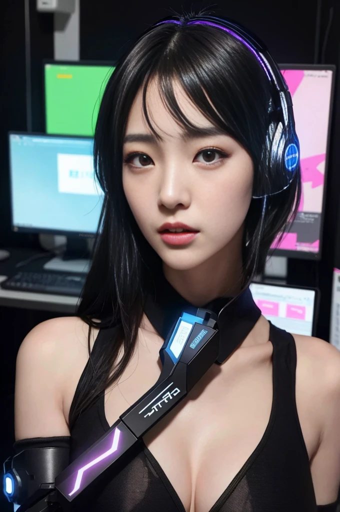 masterpiece, 1 beautiful girl, Detailed eye, Swollen eyes, top-quality, 超A high resolution, (reality: 1.4), movie lighting, japanes, a asian beauty, very extremely beautiful, Beautiful skins, A slender, Forward-facing body, (A hyper-realistic), (hight resolution), (8K), (ighly detailed), ( Best Illustration), (beautifully detailed eyes), (ultra-detailliert), Detailed face, Bright lighting, Professional Lighting、The background is a cyberpunk room with many monitors..、The cord is connected from the costume、A dark-haired、head phone、headset on head、Female Game Commentator、casual clothing