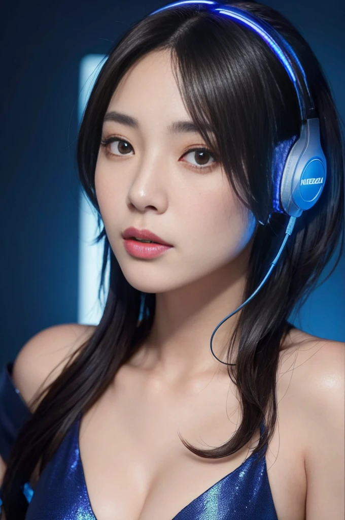 masterpiece, 1 beautiful girl, Detailed eye, Swollen eyes, top-quality, 超A high resolution, (reality: 1.4), movie lighting, japanes, a asian beauty, very extremely beautiful, Beautiful skins, A slender, Forward-facing body, (A hyper-realistic), (hight resolution), (8K), (ighly detailed), ( Best Illustration), (beautifully detailed eyes), (ultra-detailliert), Detailed face, Bright lighting, Professional Lighting、The background is a cyberpunk room with many monitors..、The cord is connected from the costume、A dark-haired、head phone、headset on head、Female Game Commentator、casual clothing