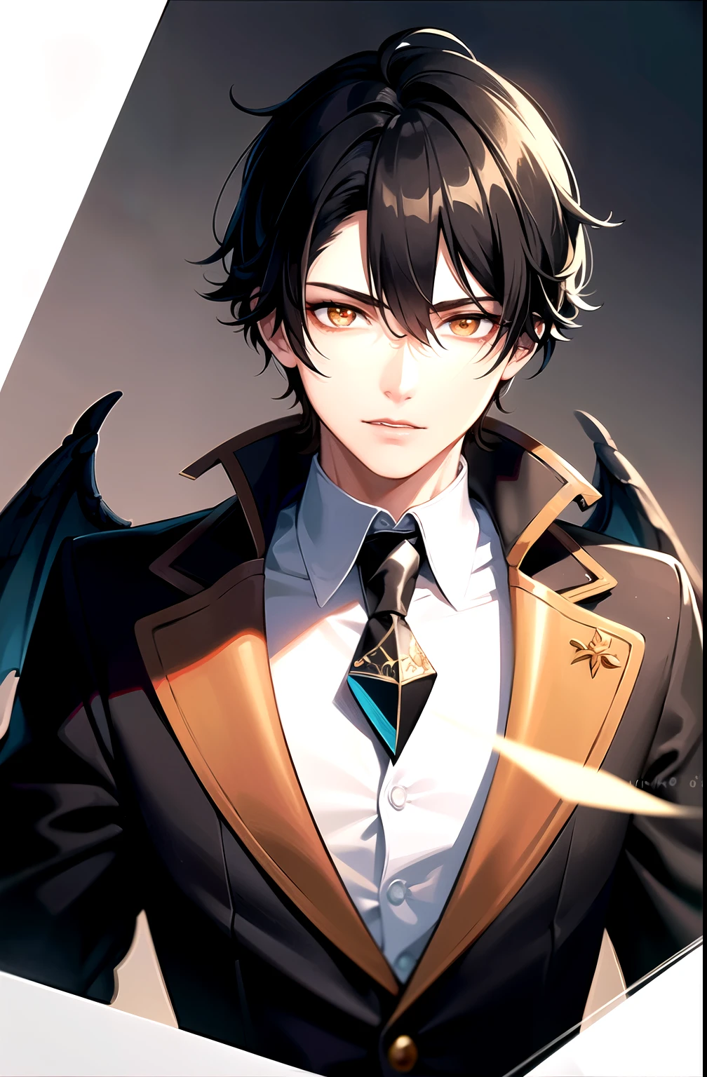 (masterpiece, best quality:1.2), black trench coat, White shirt, ((male focus)), ((1boy)), young man, anime style, face, handsome, good face, beautiful eyes, ((portrait)), owl orange eyes, black hair, medium black Mane With a line in the middle, happy face, looking at viewer, crossed arms, black hair, ring, Subsurface dispersion, PBR texturing, Anisotropic,Depth of field, Maximum clarity and sharpness, Multilayer textures, Surface shading, Accurate simulation of light-material interaction, Perfect proportions, Octane Render, Two-tone lighting, Wide aperture, Low ISO, White balance, Rule of thirds, (a dark sadow enveloping him), (three pair of owl wings at his back)