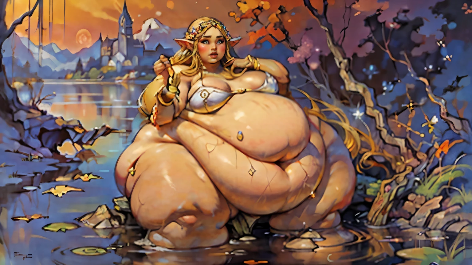 Rule_of_thirds, 1 SSBBW ELF GODDESS, extremely obese, (obese belly):1.8, (obese legs):1.5, fat rolls, massive SSBBW body, massive hyperbelly, soft massive obese belly, cute chubby feminine face, sensual pose, soft obese thighs, soft obese legs, soft obese breasts, soft obese arms, soft chubby hands, soft chubby feet, Serene expression, mesmerizing eyes, gorgeous supermodel face, straight long blonde hair, elegant transparent dress, poised posture, porcelain skin, subtle blush, SFW, fat ripping through clothes, angelic, glowing jewelry adorned her, official Frank Frazetta painting,
BREAK
golden hour, (rim lighting):1.2, warm tones, sun flare, soft shadows, vibrant colors, painterly effect, dreamy atmosphere, heavenly,
BREAK
scenic lake, distant mountains, willow tree, calm water, reflection, sunlit clouds, peaceful ambiance, idyllic sunset, ultra detailed, official art, unity 8k wallpaper, zentangle, mandala