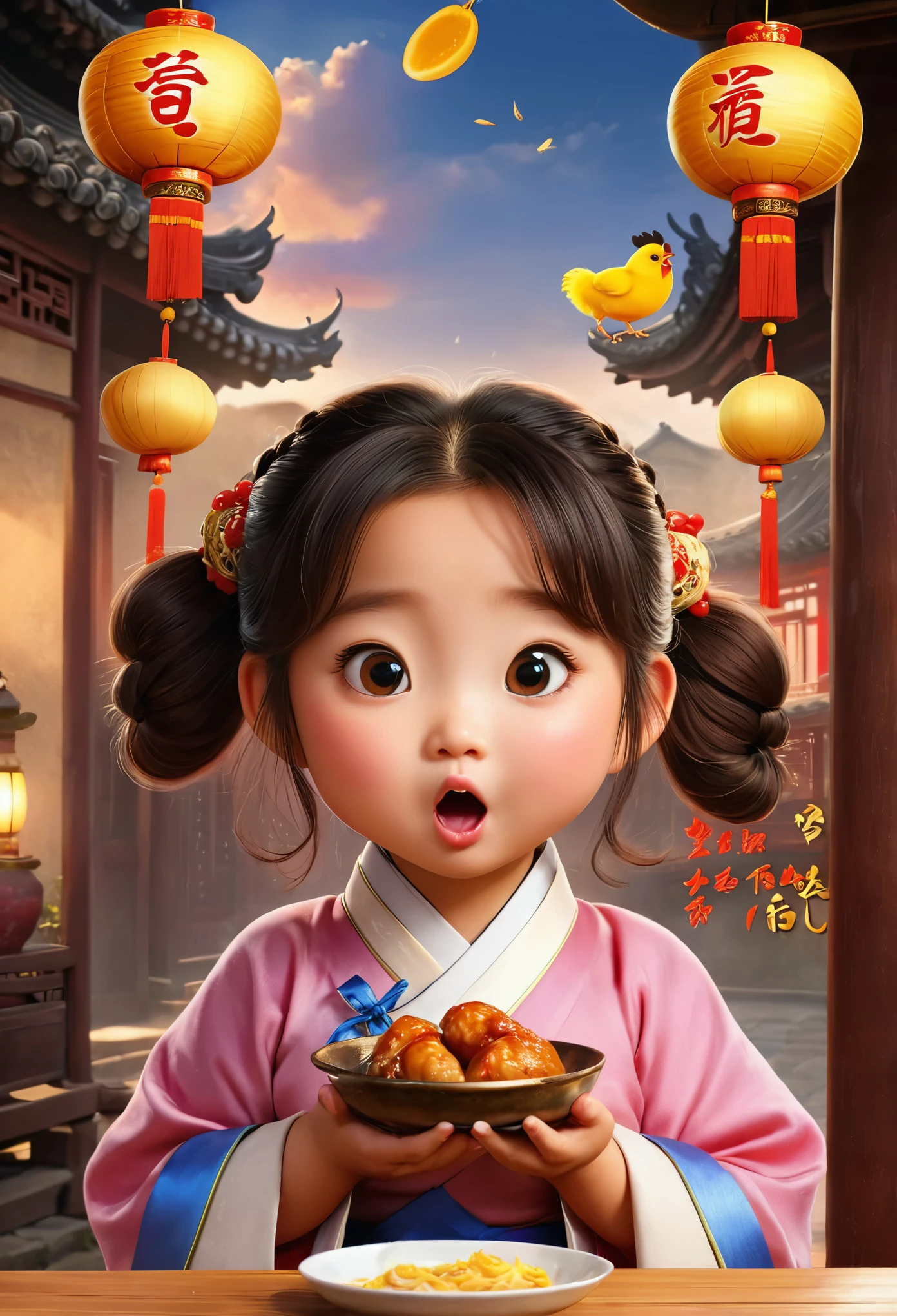 (masterpiece), (best quality), illustration, super detailed, high dynamic range, depth of field, (colorful), ,Xu Lingyin is an online novel《Da Bong beats more people》6 year old chubby girl，Chicken drumstick in hand，Drooling from the corner of the mouth，（Eating chicken legs very happily），Ancient China，Towards the sky braid，The face is very round，small mouth，big eyes，Looks coquettish，Cute personality，Innocent and adorable，Extremely gluttonous，Cartoon，comics，Pixar