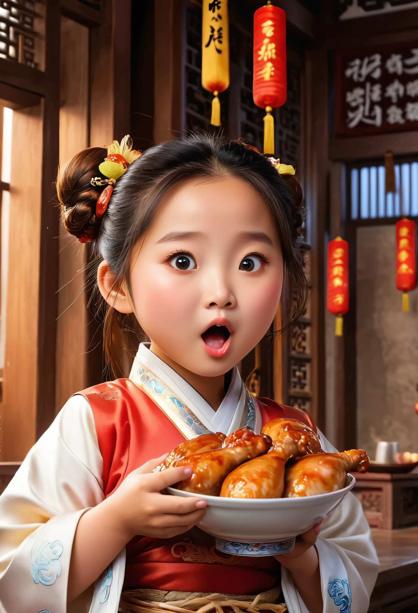 (masterpiece), (best quality), illustration, super detailed, high dynamic range, depth of field, (colorful), ,Xu Lingyin is an online novel《Da Bong beats more people》6  chubby girl，Chicken drumstick in hand，Drooling from the corner of the mouth，（Eating chicken legs very happily），Ancient China，Towards the sky braid，The face is very round，small mouth，big eyes，Looks coquettish，Cute personality，Innocent and adorable，Extremely gluttonous，Cartoon，comics，Pixar