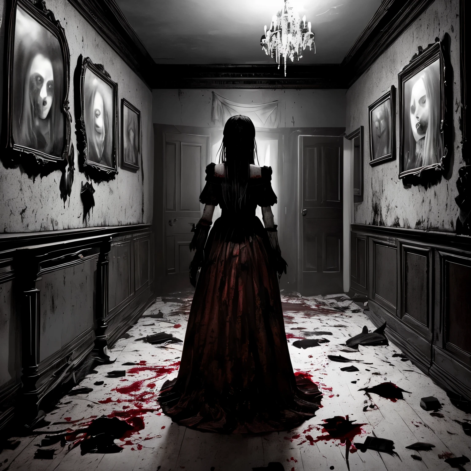 In the heart of a haunted mansion, a chilling scene unfolds. A girl with a bloody face and terrifying expressions stands amidst a macabre array of horror portraits, each adorned with blood splatters and dismembered limbs. The room is enveloped in a creepy atmosphere, with shadows dancing on the wall from the flickering candlelight. Shattered mirrors and broken glass scatter the floor, reflecting the vivid red and black colors of the room. The girl, clad in tattered clothes, leaves bloody handprints on the wall as she moves. Whispering voices echo in the background, adding to the sinister atmosphere. A deranged killer lurks in