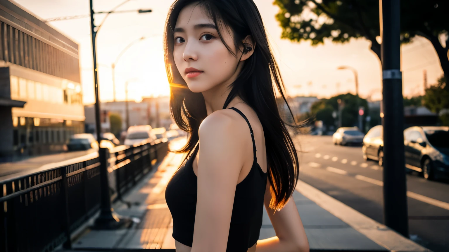 walk along a sidewalk,sunset,headphone,back of body,ray tracing, realistic, dramatic, 1 girl, 21 year old cute Japanese girl