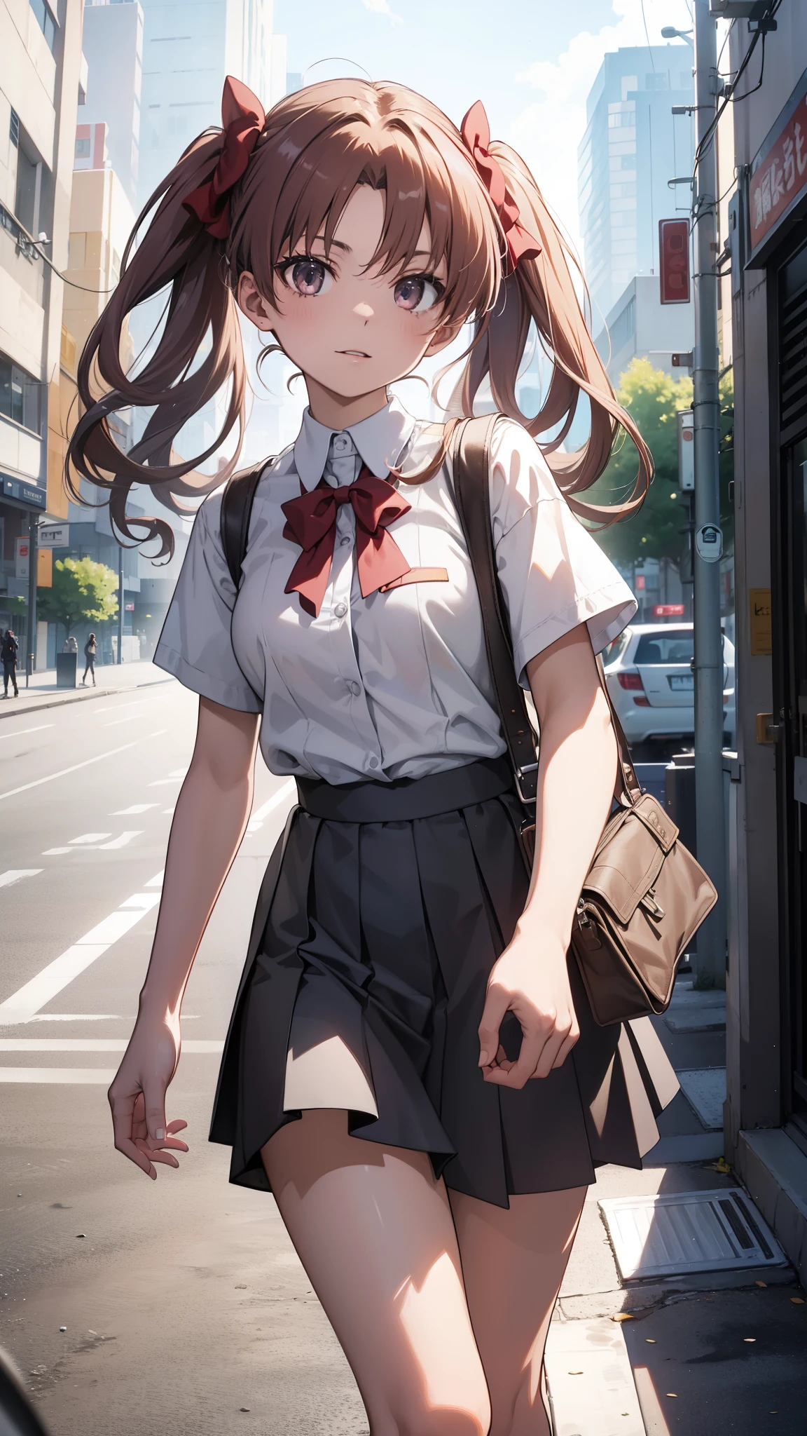 (highest quality, 8k, masterpiece, best image quality,  ultra hd, delicate and smooth skin, real looking skin, perfect and beautiful face ,perfect and cute face, high detail skin, perfect limbs、thin waist、thin legs)、Tokiwadai Junior High School Clothes、red bow tie、evil smile、twin tails、In a bright city、