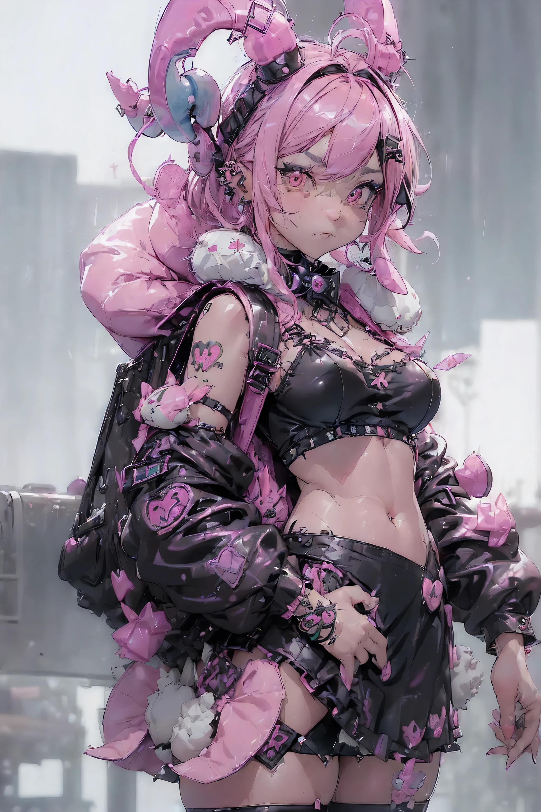 (highest quality、8k、32K、masterpiece、nffsw:1.3)、(Photoreal:1.4),((shoot from the front,looking at the viewer,full_body:1.5)),((18-year-old punk girl,quirky punk hair:1.3)),((pink and black punk fashion,flared mini skirt,micro sling bikini、clothes with studs、:1.5)),((Holding a stuffed rabbit:1.5)),（Black and pink hair:1.5）,((black backpack on the back)),Wacky makeup、((深夜のneon街、neon:1.0))、Desolate city in the rain,Puddles on the road、(cinematic lighting)、written boundary depth,blurred background、