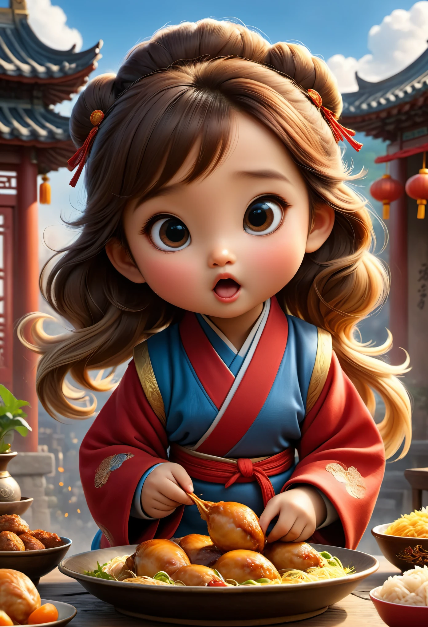 (masterpiece), (best quality), illustration, super detailed, high dynamic range, depth of field, (colorful), ,Xu Lingyin is an online novel《Da Bong beats more people》6  chubby girl，Chicken drumstick in hand，Drooling from the corner of the mouth，（Eating chicken legs very happily），Ancient China，Towards the sky braid，The face is very round，small mouth，big eyes，Looks coquettish，Cute personality，Innocent and adorable，Extremely gluttonous，Cartoon，comics，Pixar