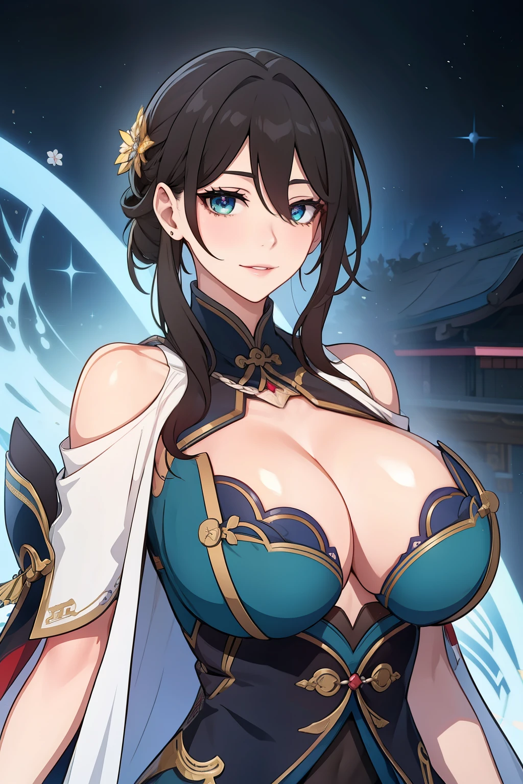 An anime-style artwork depicting ruan mei from the game Honkai star rail.

Tags: ruan mei, anime, detailed eyes, detailed lips, green hair, dress, smiling expression, intense gaze, glowing emblem on hand, dynamic pose, mystical background, vibrant colors, digital art, high-resolution, professional quality, gigantic breasts, cleavage, huge tits.