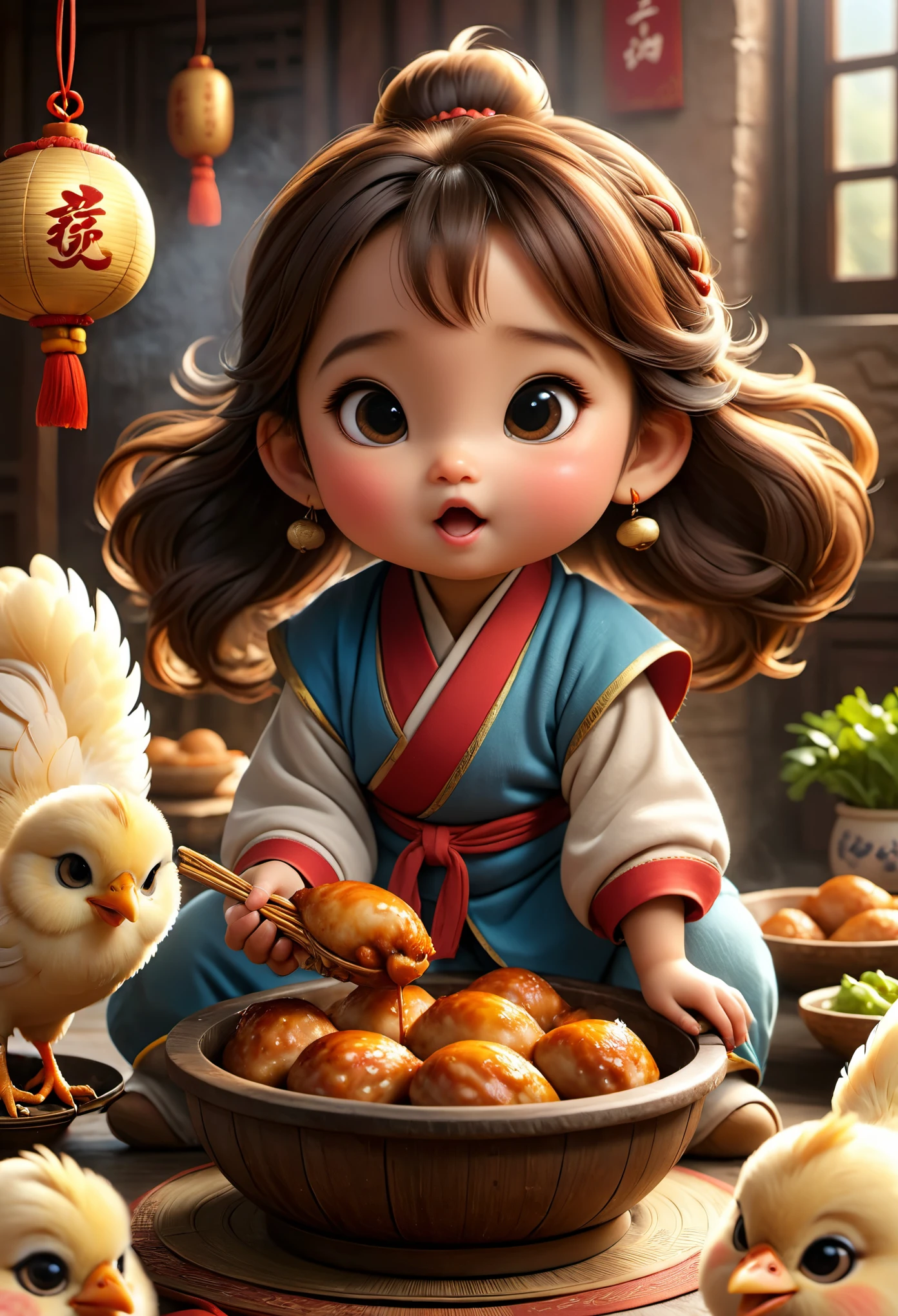 (masterpiece), (best quality), illustration, super detailed, high dynamic range, depth of field, (colorful), ,Xu Lingyin is an online novel《Da Bong beats more people》6  chubby girl，Chicken drumstick in hand，（He was laughing and eating chicken drumsticks happily.），Ancient China，Towards the sky braid，The face is very round，small mouth，big eyes，Looks coquettish，Cute personality，Innocent and adorable，Extremely gluttonous，Cartoon，comics，Pixar