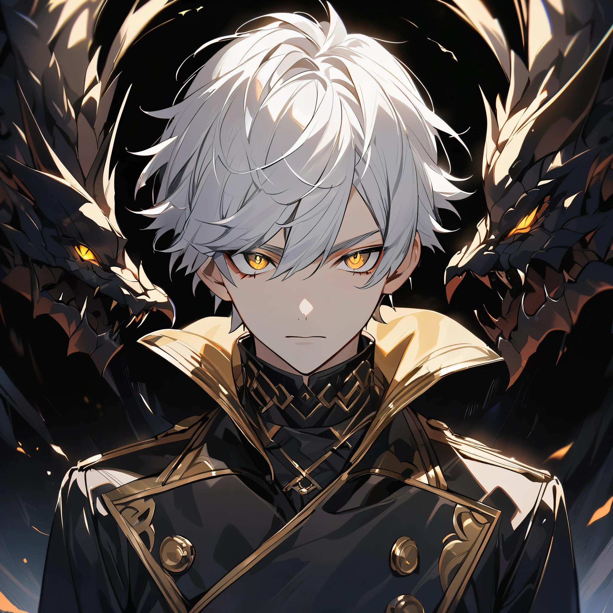 Handsome male, 1male, , teenager, golden lining, short white hair, flat cut hair, sharp eyes, gold eyes, devil may cry, close up, calm expression, stoic, black leather clothes, black jacket, black gloves, upper body, looking at viewer, cowboy shot, black dragon background