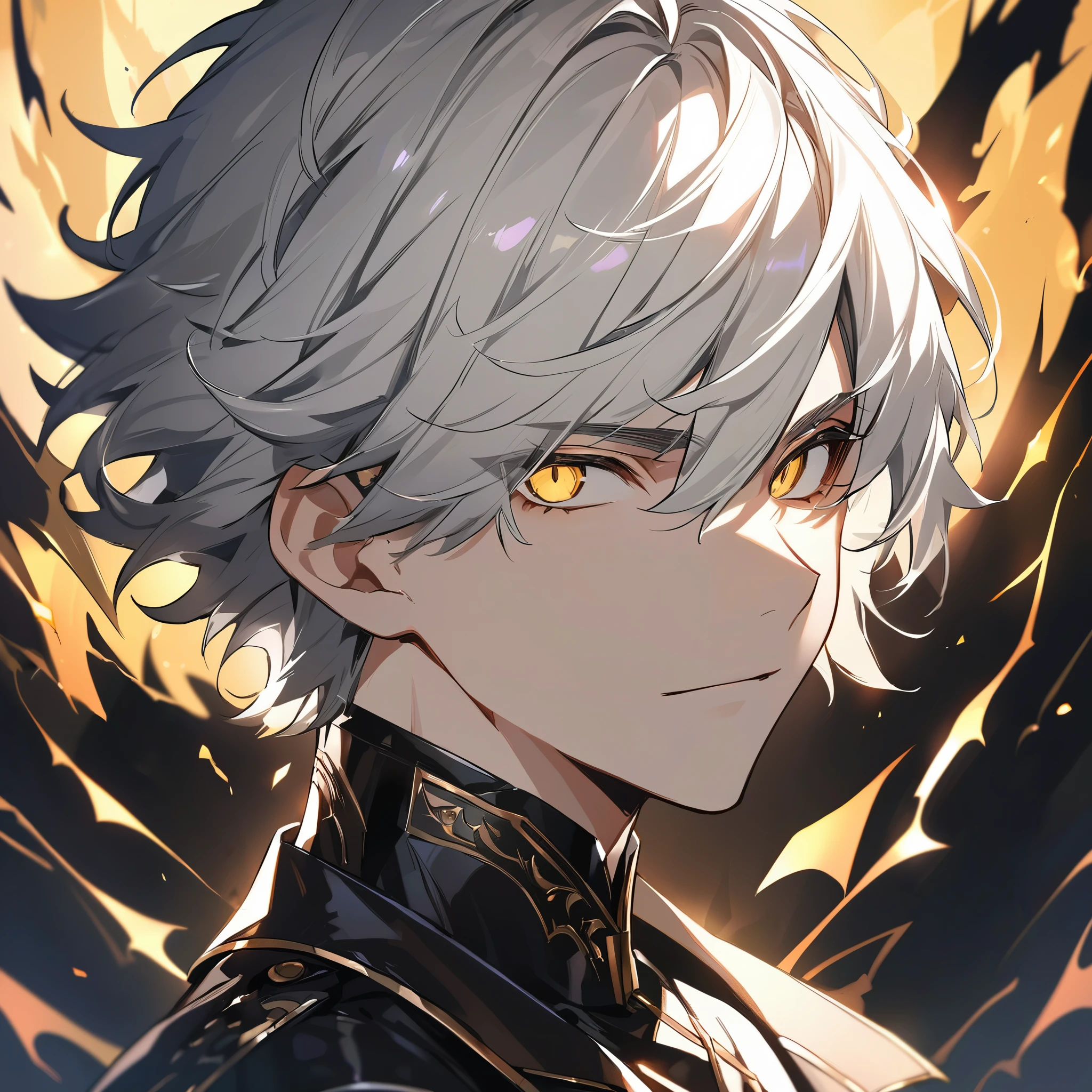 Handsome male, 1male, , teenager, go lining, short white hair, flat cut hair, sharp eyes, gold eyes, devil may cry, close up, calm expression, stoic, black leather clothes, black jacket, black gloves, upper body, looking at viewer, cowboy shot, black dragon background