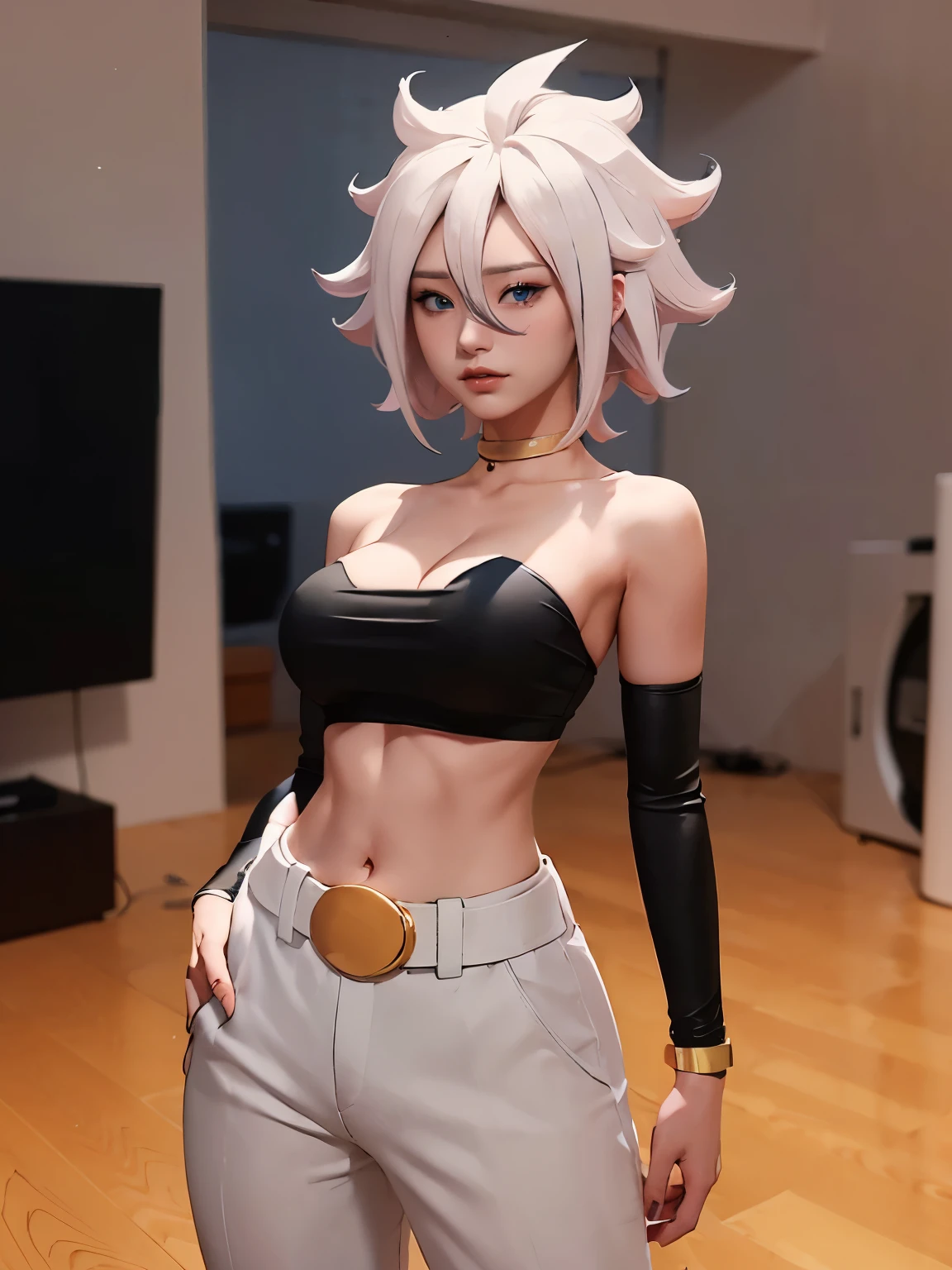 Masterpiece, best quality, Highres, absurdres,ultra HD,BREAK,1girl,majin boo ,android21, anime of dragon Ball character,pink body,sexy figure, happy, ((looking at viewer)), indoor,baggypants,belt,black tube top,midriff,cleavage,bare shoulders, standing, upper body, cowboy shot,sexy pose,game consoles in background 