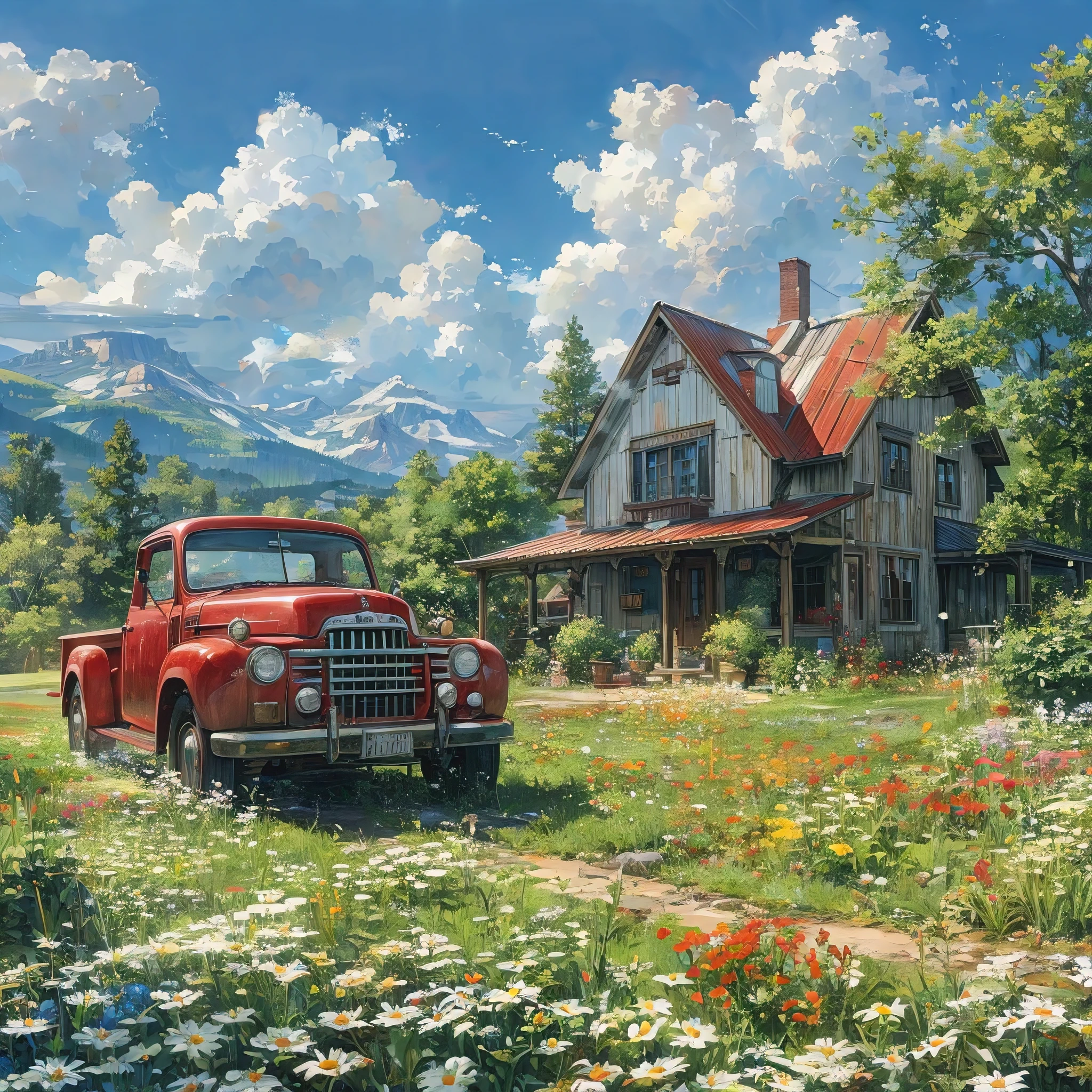 (best quality, masterpiece:1.2), beautiful farmhouse with a red truck in front of the house, in studio ghibli art, anime-manga art, elaborate details