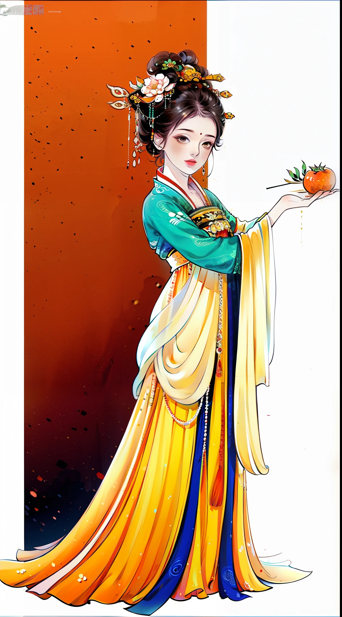 1 female（pretty face），Unique，full body standing painting，alone，Transparent Background，Original character designs from East Asia，Game character costume design，layered sequins，orange color华丽裙，orange color，high detail，color grade，White background，ultra high resolution，sharp focus，HD，8k，clear facial features，clear details