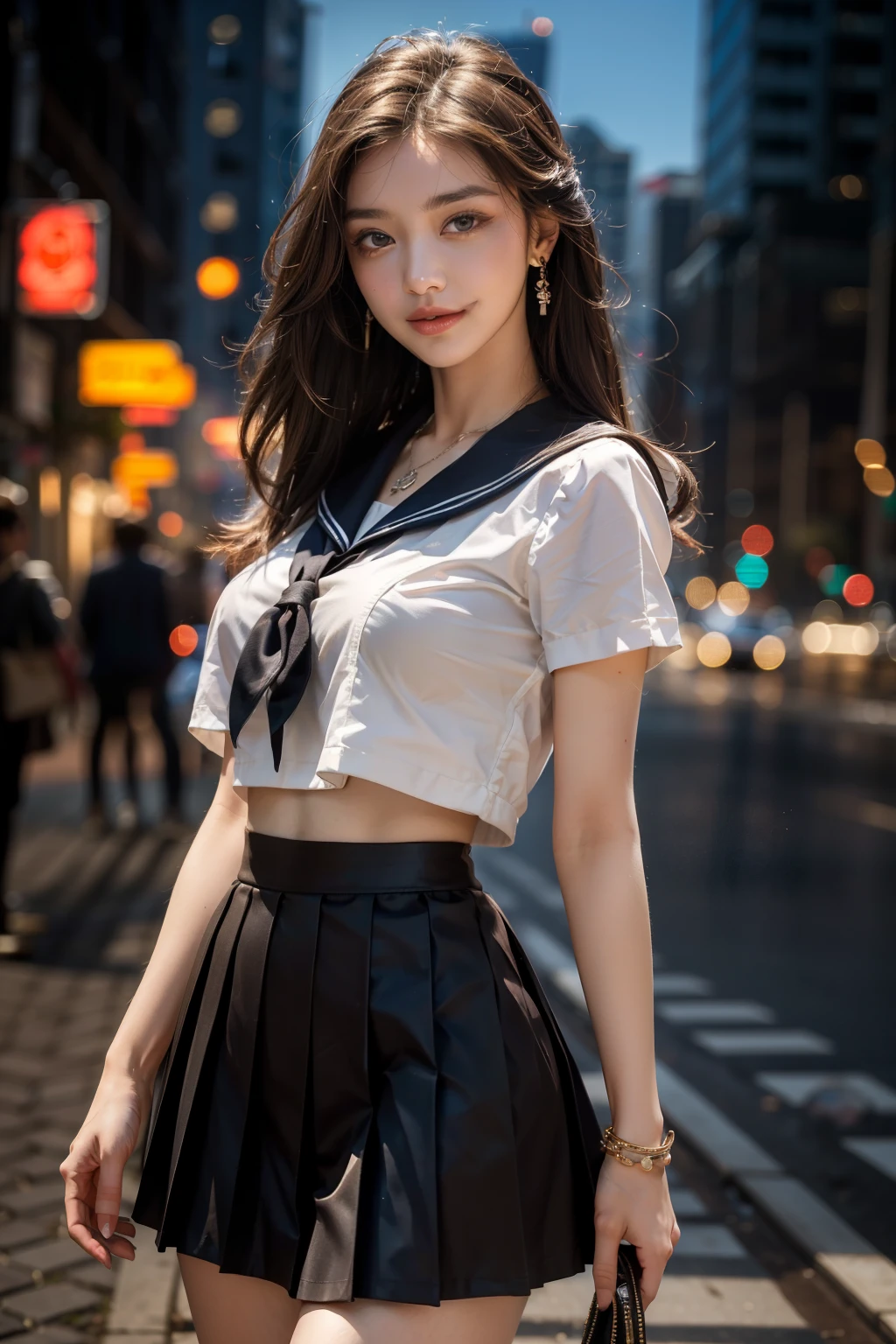 (best quality, 8k,32k,masterpiece, UHD:1.2),extremely detailed CG unity 8k wallpaper,intricate details,Raw photo,(photorealistic:1.4),atmosphere,ultra high res,Realistic,Real,Huge_filesize,incredibly absurdres,(centered:1.3),Ultra illustration,(ultra-detailed),cinematic lighting,various colors,depth of field,art by krenz cushart,golden hour lighting,taken by Canon EOS,SIGMA Art Lens 35mm F1.4,ISO 200 Shutter Speed 2000,blurry background,
BREAK,
1girl,(smile:1.3),slim body,(long straighthair:1.4),solo,20-year-old Japanese beautiful woman,(sailor suitxpleated mini skirt:1.5),(brown hair:1.5),((brown eyes)),Large breasts,chest, Soft white skin that shines with every detail,pale skin,Very beautiful face,Very well-formed face,Natural and realistic face,Best,beautiful detailed eyes,striking eyes,Eyes drawn in detail, smile with your mouth closed,Detailed mouth,Detailed lips,shiny beautiful lips,Glossy lips,simple earrings,necklace,jewelry, solo focus,low neckline,
BREAK,
Back lighting,kool,Standing,
BREAK,
(Dutch angle:1.4),cowboy shot,looking at viewer,
BREAK,tzuyu,yui aragaki,