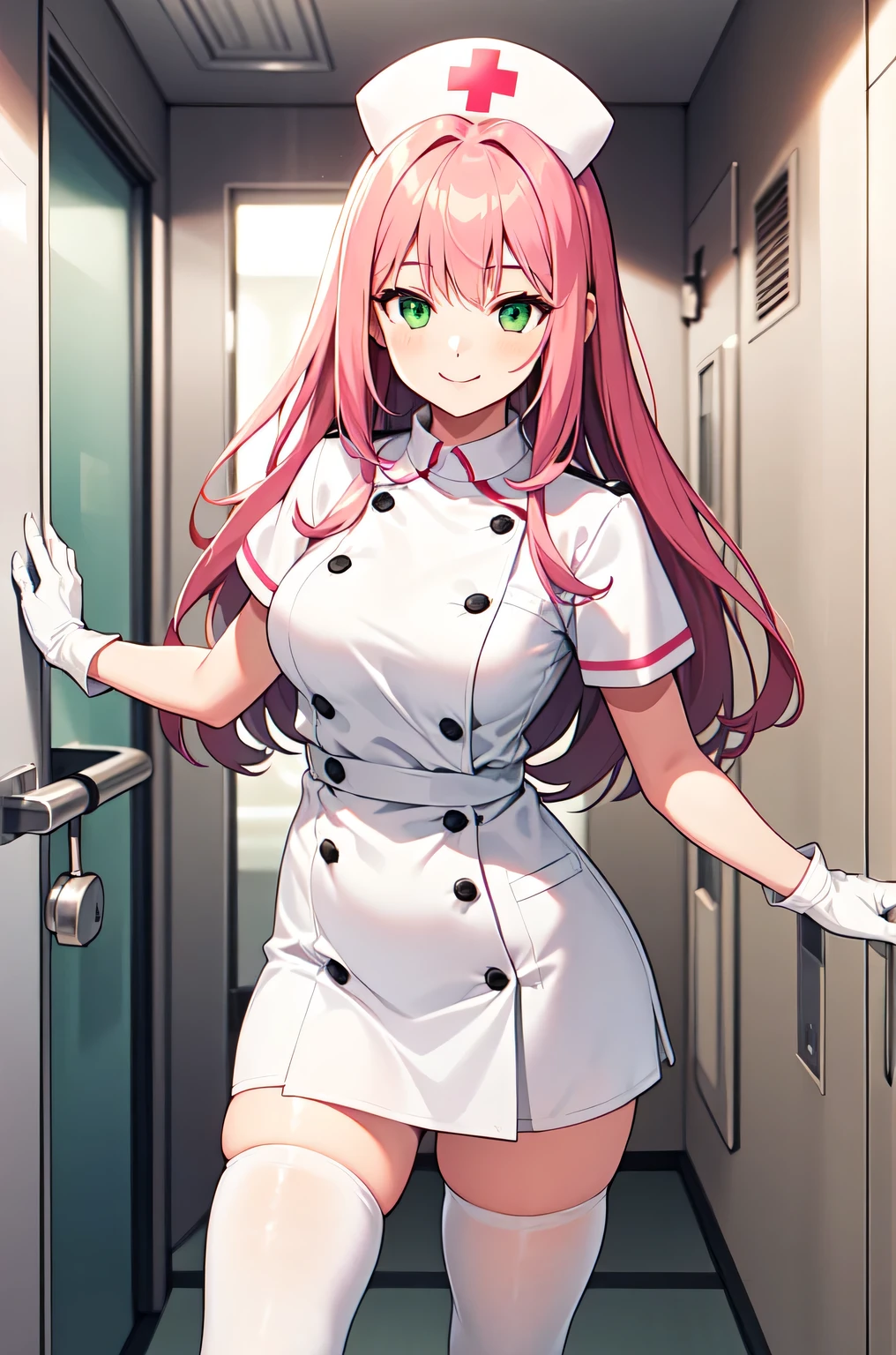 1girl, solo, nurse, white nurse cap, white nurse uniform, ((white legwear, zettai ryouiki)), white gloves, pink hair, green eyes, drooping eyes, smile, standing, ((hospital room)), sharp outline, short sleeves, best quality, masterpiece