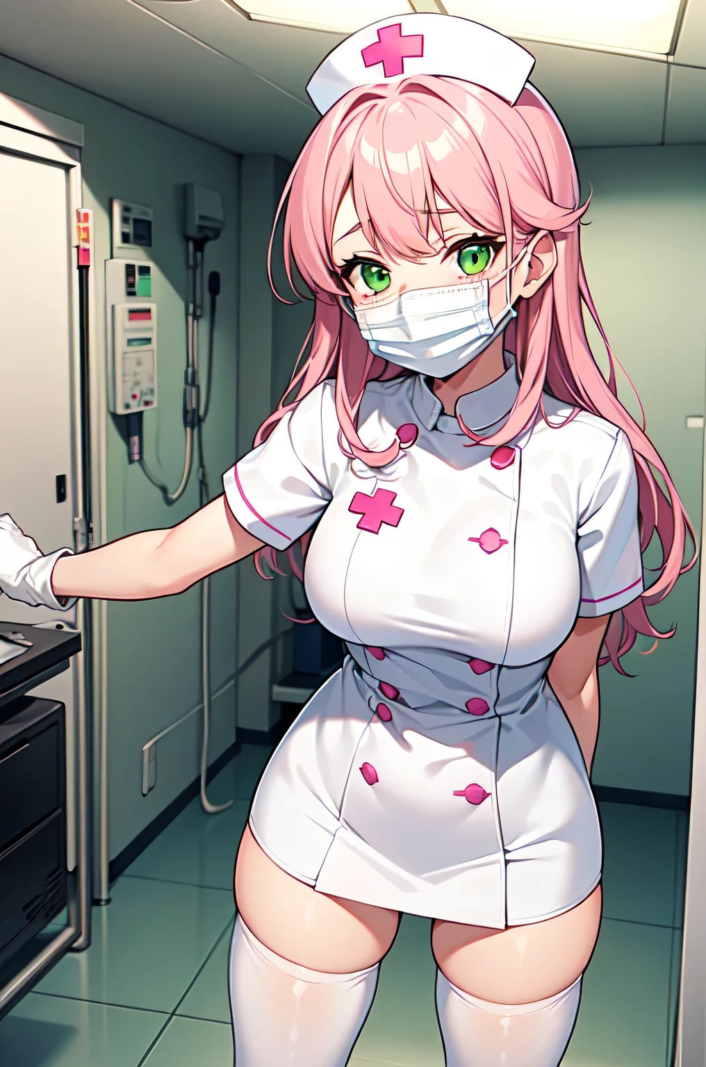 1girl, solo, nurse, white nurse cap, white nurse uniform, ((white legwear, zettai ryouiki)), white gloves, pink hair, green eyes, drooping eyes, ((white surgical mask, covered nose)), standing, ((hospital room)), sharp outline, short sleeves, best quality, masterpiece