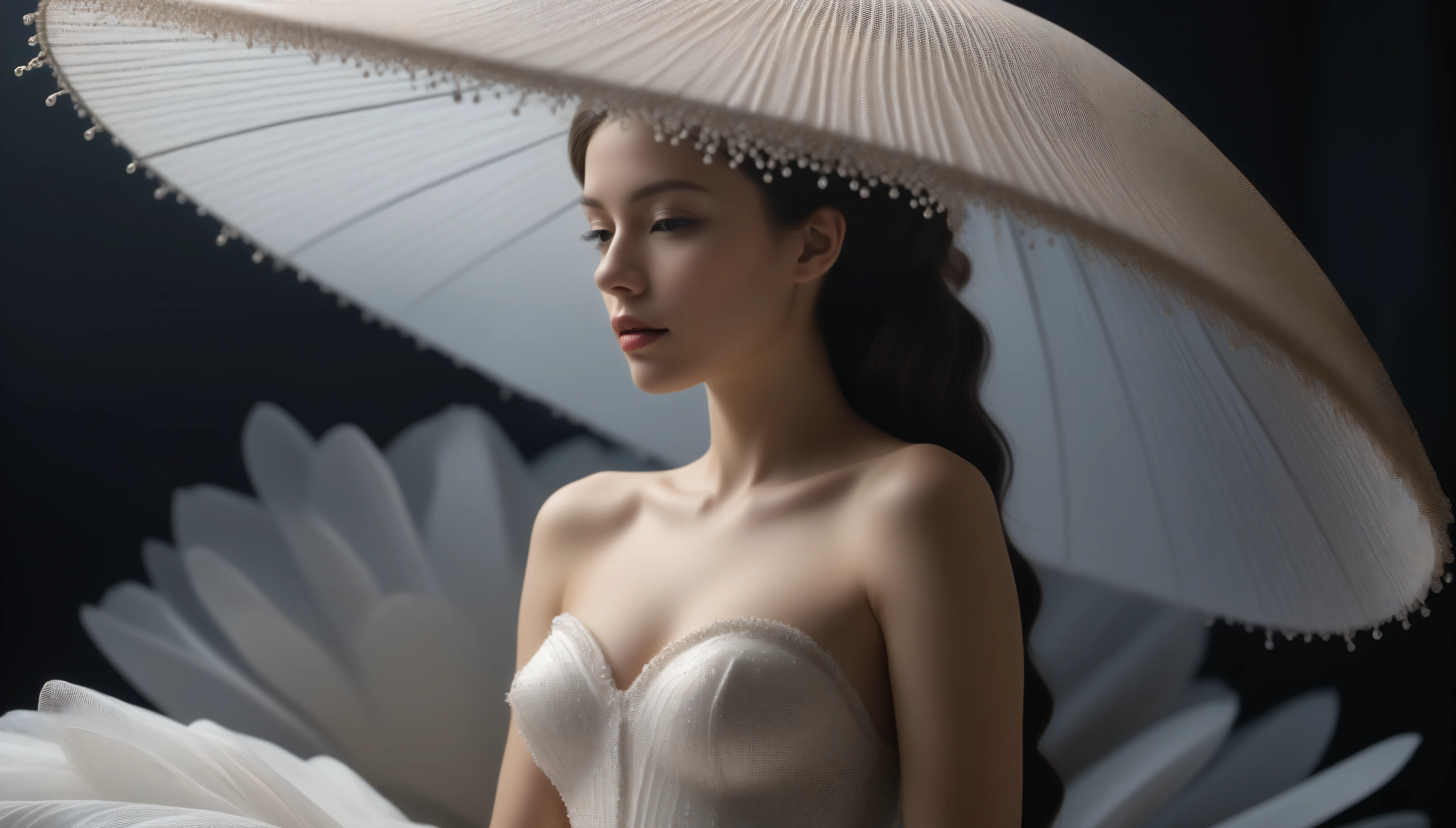the image and silhouette of a beautiful slender graceful woman dancer made of pearl particles in a huge hat, sitting under a pearl umbrella, surreal sculpture, Dramatic ambience, Award winning photograph, figurative art, floral decorations, excellent photography, jewelry design, porcelain glitter, digital art, everything is made of pearl beads, photorealistic concept art, soft natural volumetric cinematic perfect light, chiaroscuro, award - winning photograph, masterpiece, oil on canvas, raphael, caravaggio, greg rutkowski, beeple, beksinski, giger, realist detail — ar 35:47, sharp focus, post – processing, perfect composition, global illumination, Canon EF 16 – 35mm f/ 2. 8L III USM Lens on a Canon EOS 5D Mark IV camera, Cinematic lighting, no blur, sharp focus, photorealistic, Ultimate Luxury, romantic mood, expressions, 4k, 8k, 16k, full ultra hd, high resolution --ar 3:2 --v 5 --up-beta --Screen Space Reflections --Diffraction Grading --Chromatic Aberration --GB Displacement --Scan Lines --Ambient Occlusion --Anti-Aliasing FKAA --TXAA --RTX --SSAO --OpenGL-Shader’s --Post Processing --Post-Production --Cell Shading --Tone Mapping --CGI --VFX --SFX --insanely detailed and intricate --hyper maximalist --elegant --dynamic pose --photography --volumetric --ultra-detailed --intricate details --super detailed --ambient –uplight