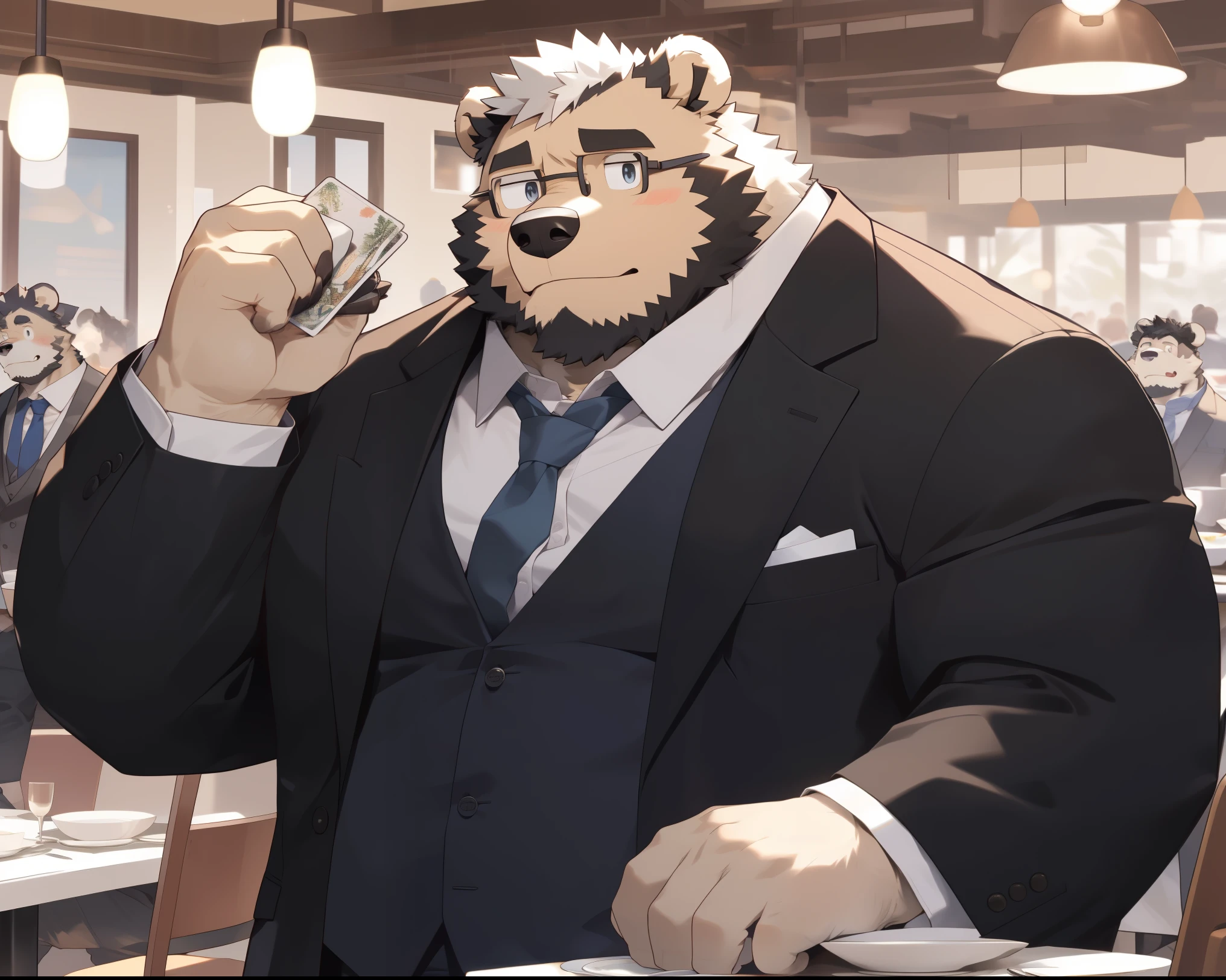 hairy,white fur,light fur,young,director,Suit,Bear,Very obvious secondary sexual characteristics,fat,Faint smile expression,Reaching for the chest pocket,take out a business card,style restaurant,Sit on a dining room chair,full-body shot,side,极其lifelike阴影,masterpiece,Very detailed,lifelike