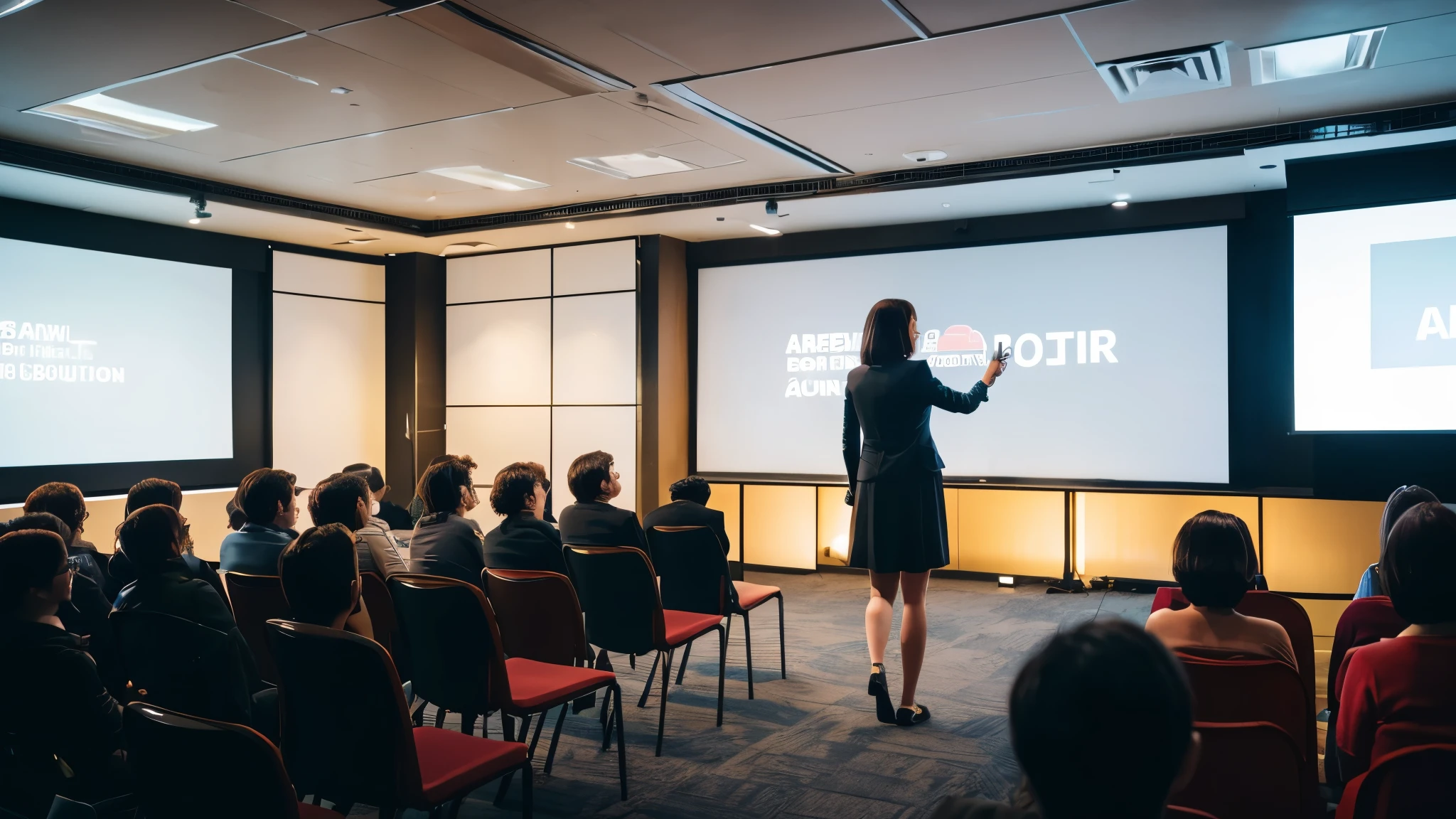 A dimly lit large conference room where a middle-aged woman is giving a presentation