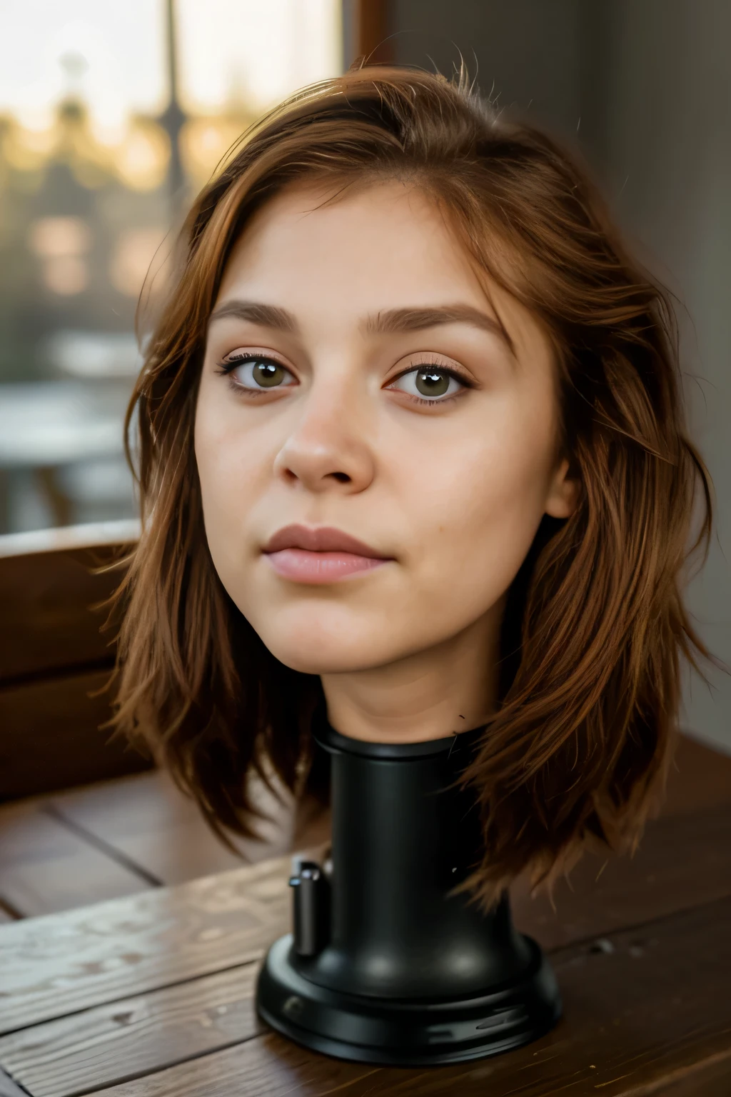 ((disembodied head on short table stand)), (masterpiece, photorealistic: 1.4), (very complex: 1.2), cinematic light, side lighting, super high definition, best shadow, RAW, attractive young girl, wearing makeup: 1.2, long auburn hair, detailed face details and skin texture, detailed lips