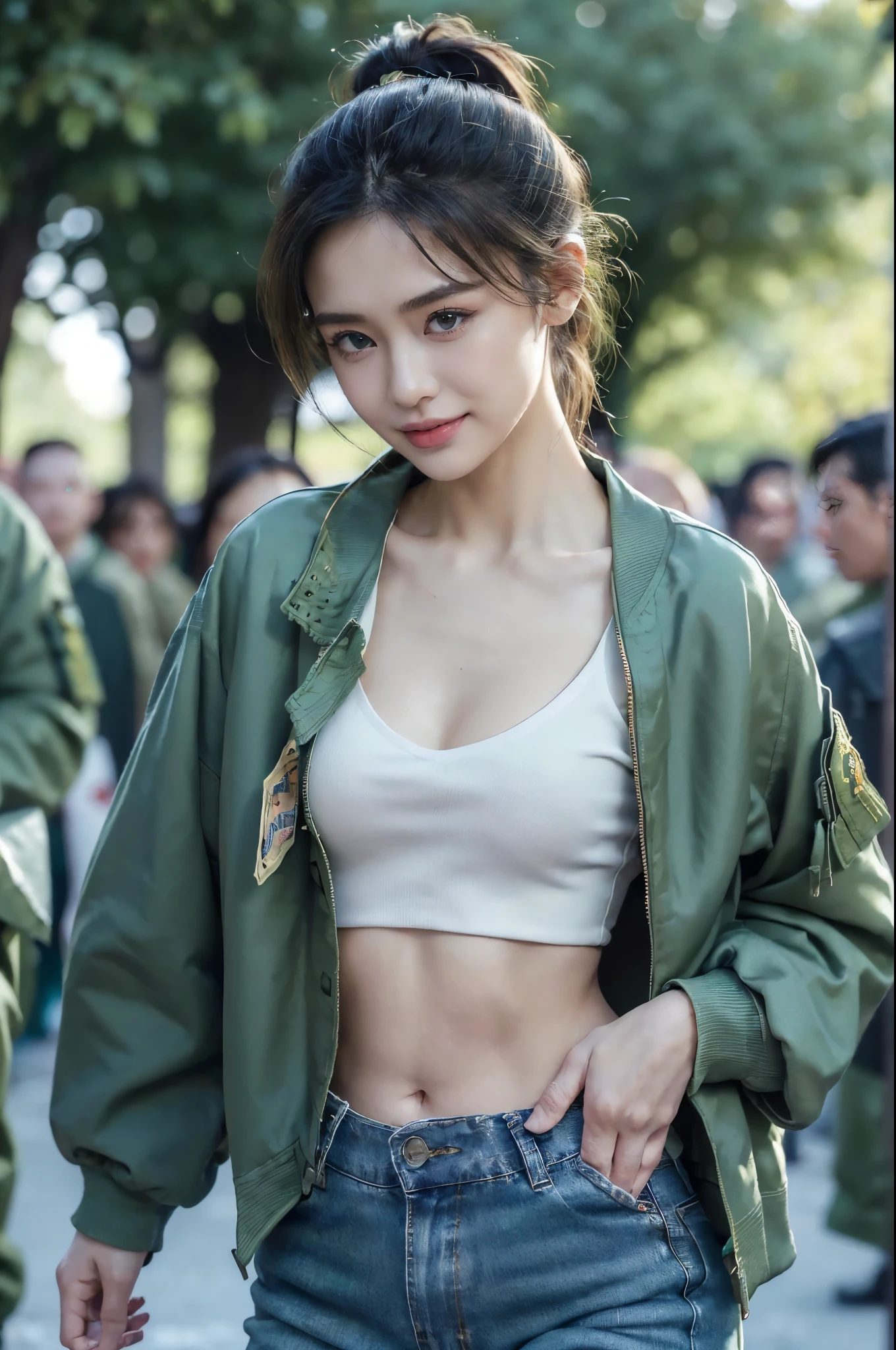 ((((8k))),((Extremely meticulous CG)) ,(wallpaper),16k,((Extremely refined and beautiful)),(((Masterpiece))),(((best qualtiy))),(((Ultra High Resolution))),beautiful light up,Perfect lightning,realistic shaded,((high resolution)),(Smooth and flawless fair skin:1.5),(pale skin:1.3),(Extremely exquisite facial details:1.2),(perfect body:1.1),(ultra-detailed),((A beautiful girl,solo)),(small head:1.2),(short ponytail:1.2),(small face:1.2),(baby face:1.3),(Exquisite makeup:1.2),(small breasts:1.2),(flat chests:1.2),((slim,thin)),happy,(laughing:1.2),(green military jacket:1.5),((Clavicle, cleavage, navel)),(light blue denim pants:1.3),(black military boots:1.3),(day scene:1.5),(afternoon sunshine:1.3),(outdoor:1.2),(at the schoolgate:1.3),(urban scape:1.3),(winter:1.2),(detailed background:1.5),(standing:1.3),(upper body:1.2),(from front:1.3),(surrounded by crowded crowds:1.5)