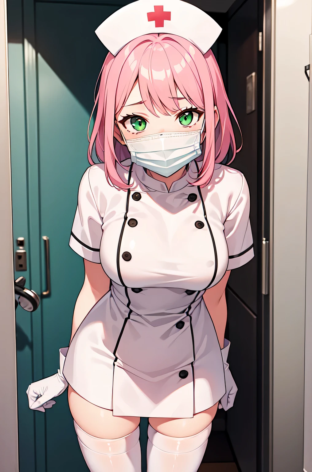 1girl, solo, nurse, white nurse cap, white nurse uniform, ((white legwear, zettai ryouiki)), white gloves, pink hair, green eyes, drooping eyes, ((white surgical mask, covered nose)), standing, ((hospital room)), sharp outline, short sleeves, best quality, masterpiece