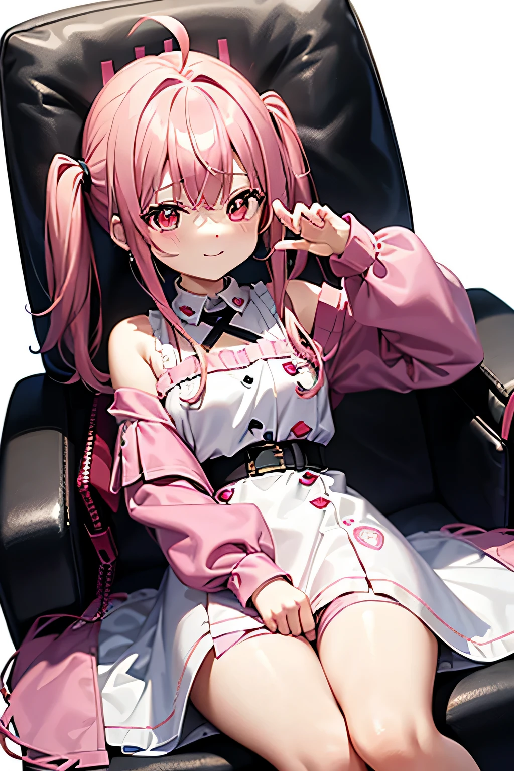 pink jersey,gaming chair,Loose and fluffy彼女,young girl,dark red hair,Ahoge，Moe sleeves 5cm twin tails,,vtuber,young,white dress,Loose and fluffy,Happy,wholesaler