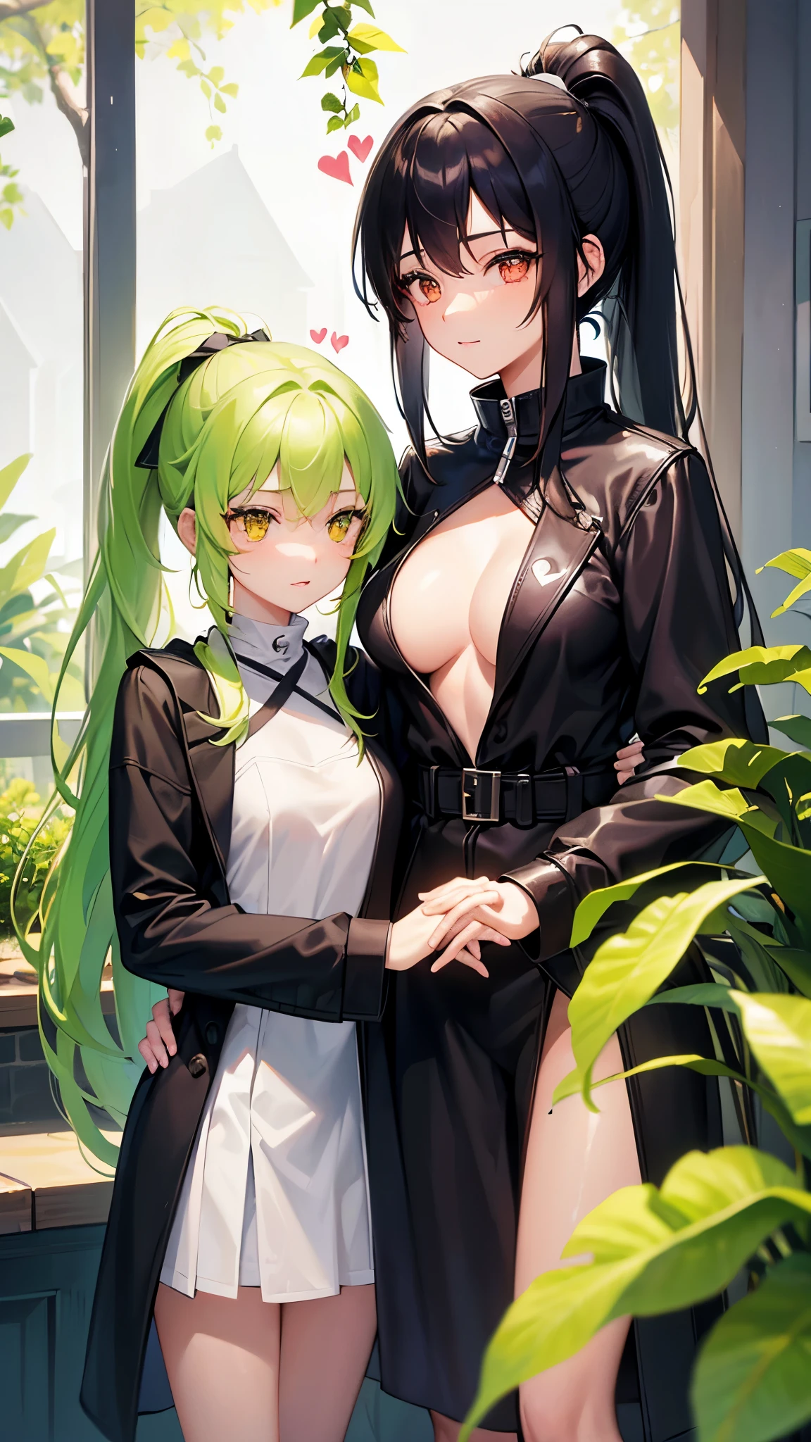 perfect anatomy, masterpiece:1.4, best quality, 8k, beautiful detailed grow, daydreaming expression, ((2 girls in a casual spring coat, Heart in each other hands)), (a ponytail green hair long hair cute girl  yo cute yellow eyes small breasts), break (a straight black hair long hair cute femdom girl 17o bigboobs detailed red eyes), break, in the cafe.