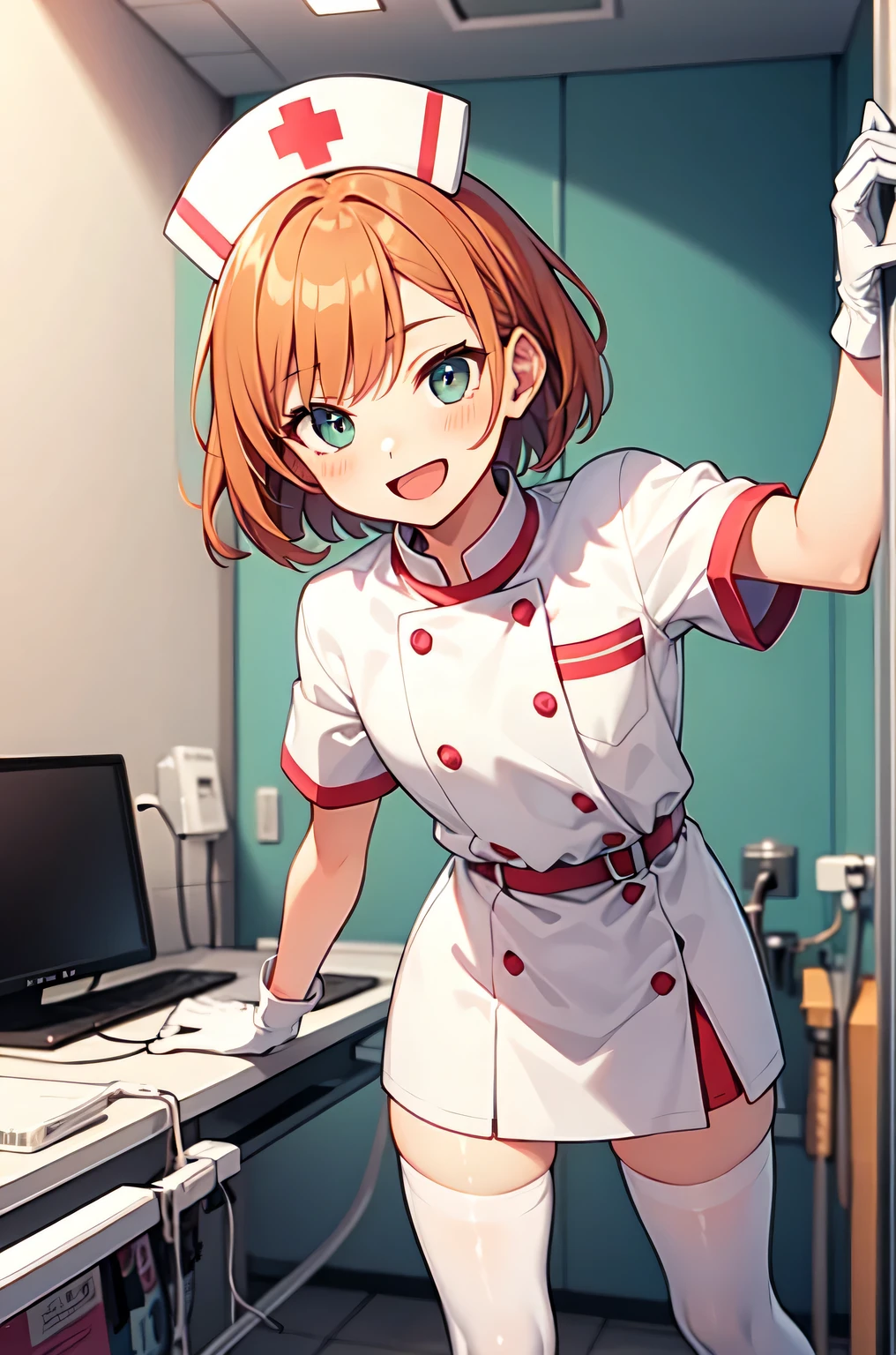 1boy, solo, male focus, nurse, white nurse cap, white nurse uniform, ((white legwear, zettai ryouiki)), white gloves, short hair, orange hair, smile, open mouth, standing, ((hospital room)), sharp outline, short sleeves, shota, 12 years old, best quality, masterpiece