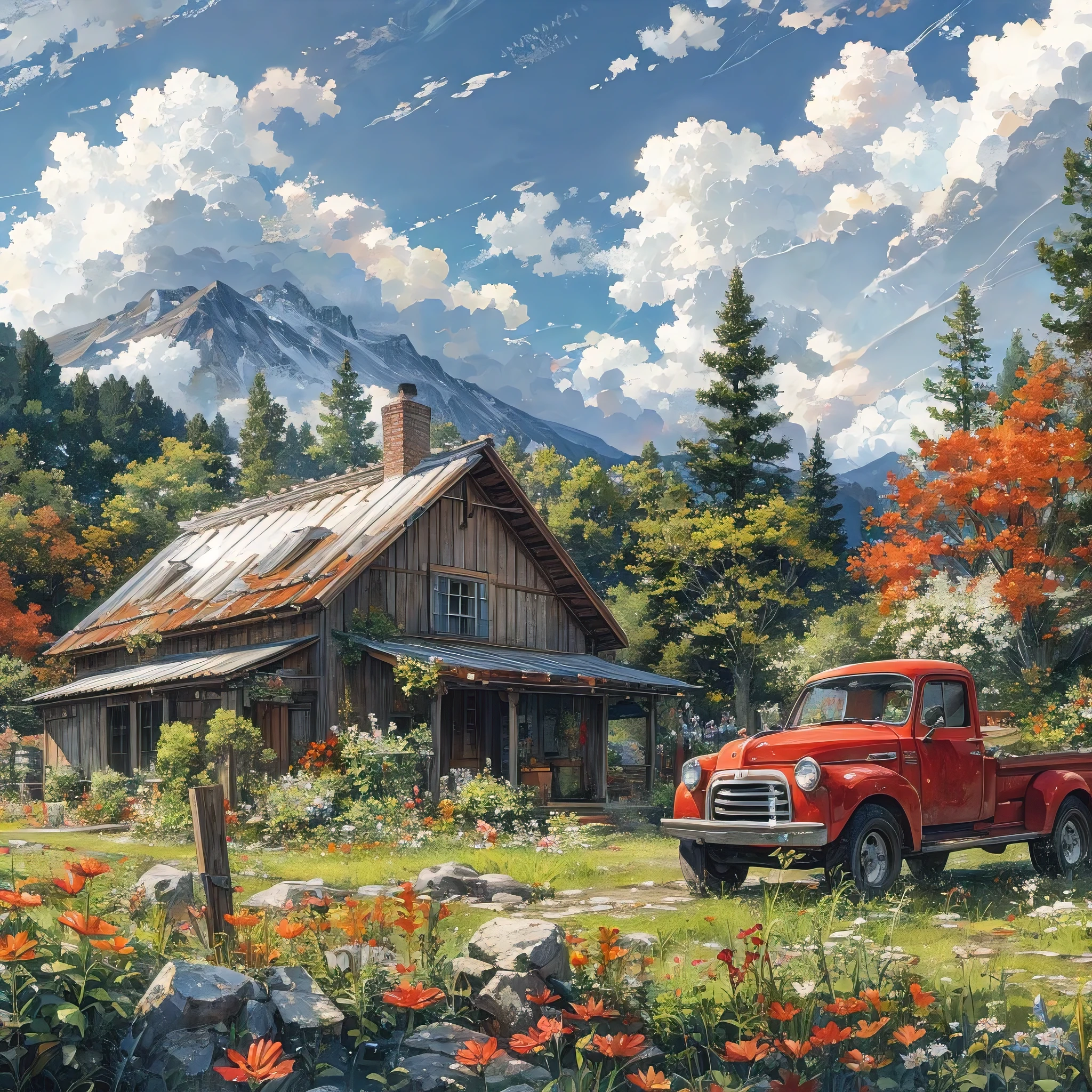 (best quality, masterpiece:1.2), beautiful farmhouse with a red truck in front of the house, in studio ghibli art, anime-manga art, elaborate details