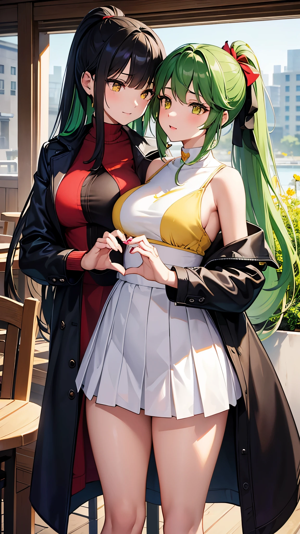 perfect anatomy, masterpiece:1.4, best quality, 8k, beautiful detailed grow, daydreaming expression, ((2 girls in a casual spring coat, Heart in each other hands)), (a ponytail green hair long hair cute girl 14 yo cute yellow eyes small breasts), break (a straight black hair long hair cute femdom girl 17 yo bigboobs detailed red eyes), break, in the cafe.