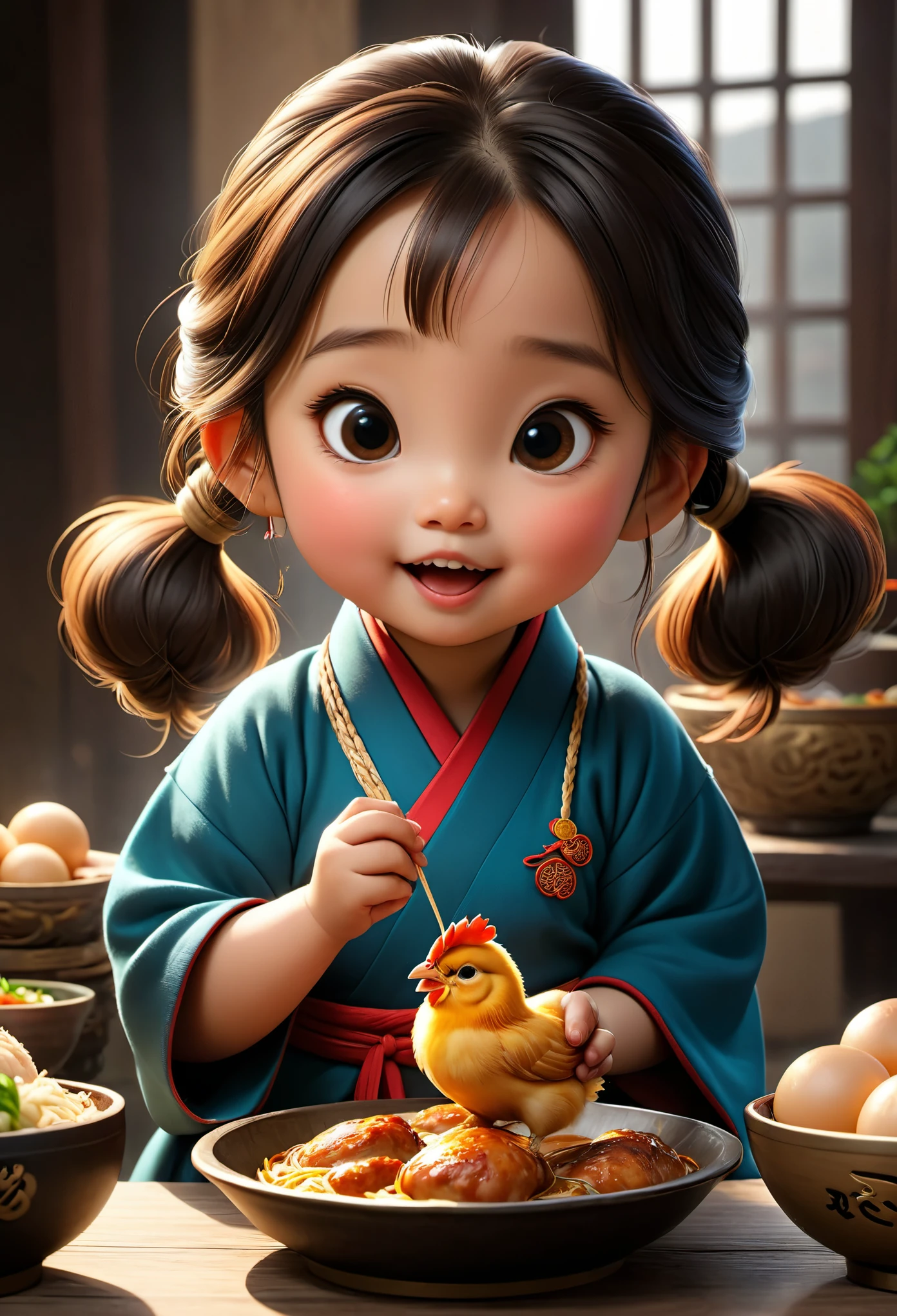 (masterpiece), (best quality), illustration, super detailed, high dynamic range, depth of field, (colorful), ,Xu Lingyin is an online novel《Da Bong beats more people》6  chubby girl，Chicken drumstick in hand，（Eating chicken legs very happily），Ancient China，Upturned braided ball head，The face is very round，small mouth，Eyes narrowed to a slit，smiling，Looks coquettish，Cute personality，Innocent and adorable，Extremely gluttonous，Cartoon，comics，Pixar