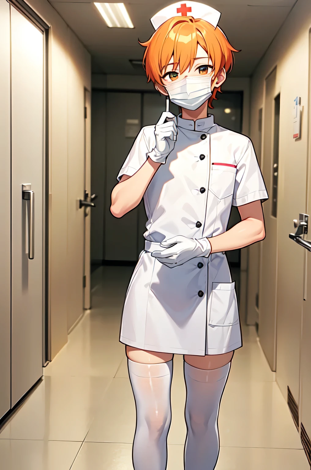 1boy, solo, male focus, nurse, white nurse cap, white nurse uniform, ((white legwear, zettai ryouiki)), white gloves, short hair, orange hair, ((white surgical mask, covered nose)), standing, ((hospital room)), sharp outline, short sleeves, shota, 12 years old, best quality, masterpiece